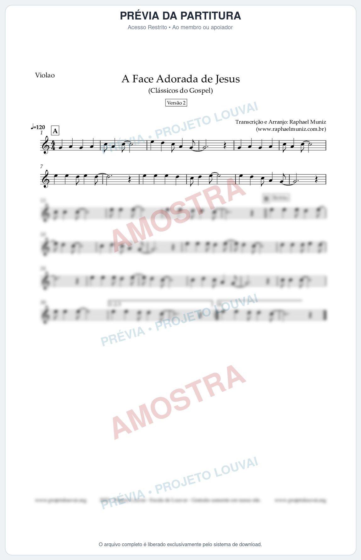Prévia protegida da primeira página da partitura Partitura para Violão - A Face Adorada de Jesus - Harpa Cristã 304 (Versão 2) - Clássicos do Gospel