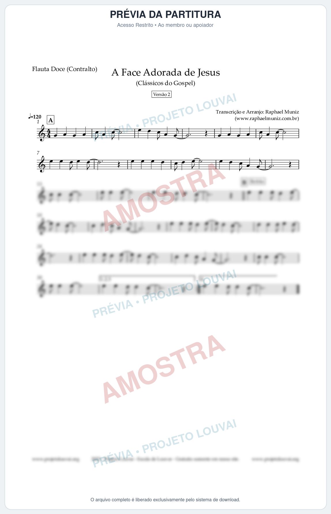 Prévia protegida da primeira página da partitura Partitura para Flauta Doce (Contralto) - A Face Adorada de Jesus - Harpa Cristã 304 (Versão 2) - Clássicos do Gospel