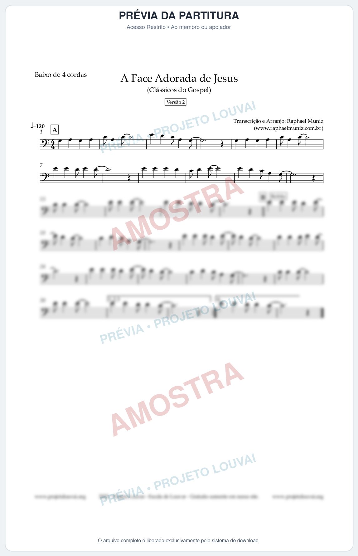 Prévia protegida da primeira página da partitura Partitura para Baixo de 4 cordas - A Face Adorada de Jesus - Harpa Cristã 304 (Versão 2) - Clássicos do Gospel