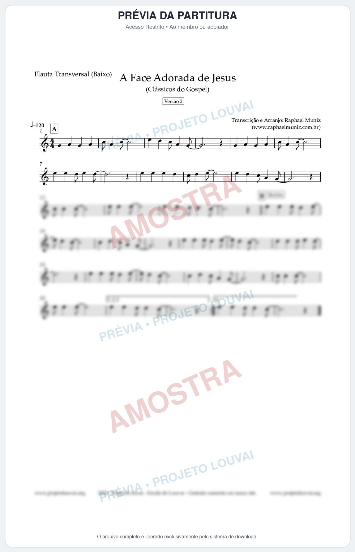 Prévia protegida da primeira página da partitura Partitura para Flauta Transversal (Baixo) - A Face Adorada de Jesus - Harpa Cristã 304 (Versão 2) - Clássicos do Gospel