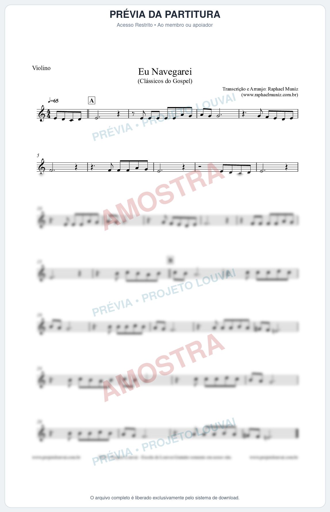 Prévia protegida da primeira página da partitura Partitura para Violino - Eu Navegarei - Clássicos do Gospel