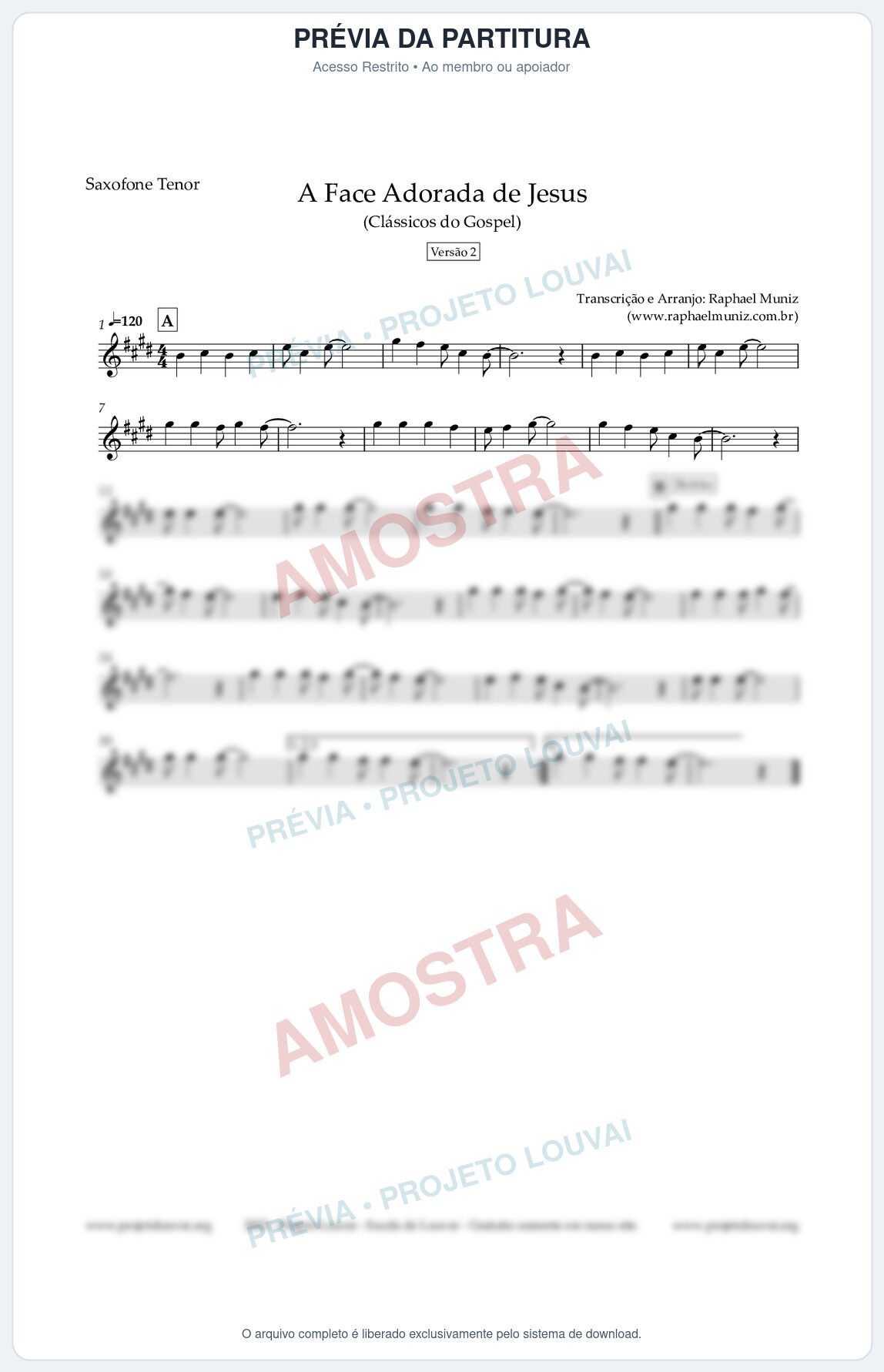 Prévia protegida da primeira página da partitura Partitura para Saxofone Tenor - A Face Adorada de Jesus - Harpa Cristã 304 (Versão 2) - Clássicos do Gospel