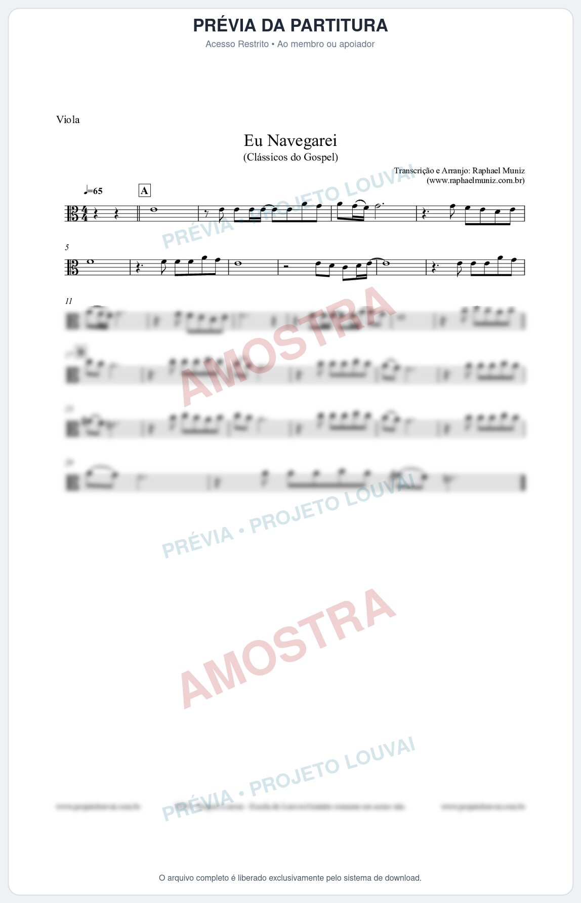 Prévia protegida da primeira página da partitura Partitura para Viola - Eu Navegarei - Clássicos do Gospel