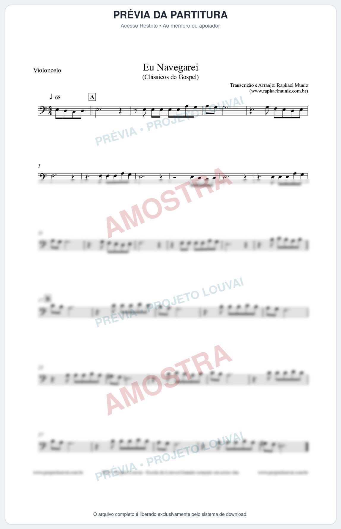 Prévia protegida da primeira página da partitura Partitura para Violoncelo - Eu Navegarei - Clássicos do Gospel