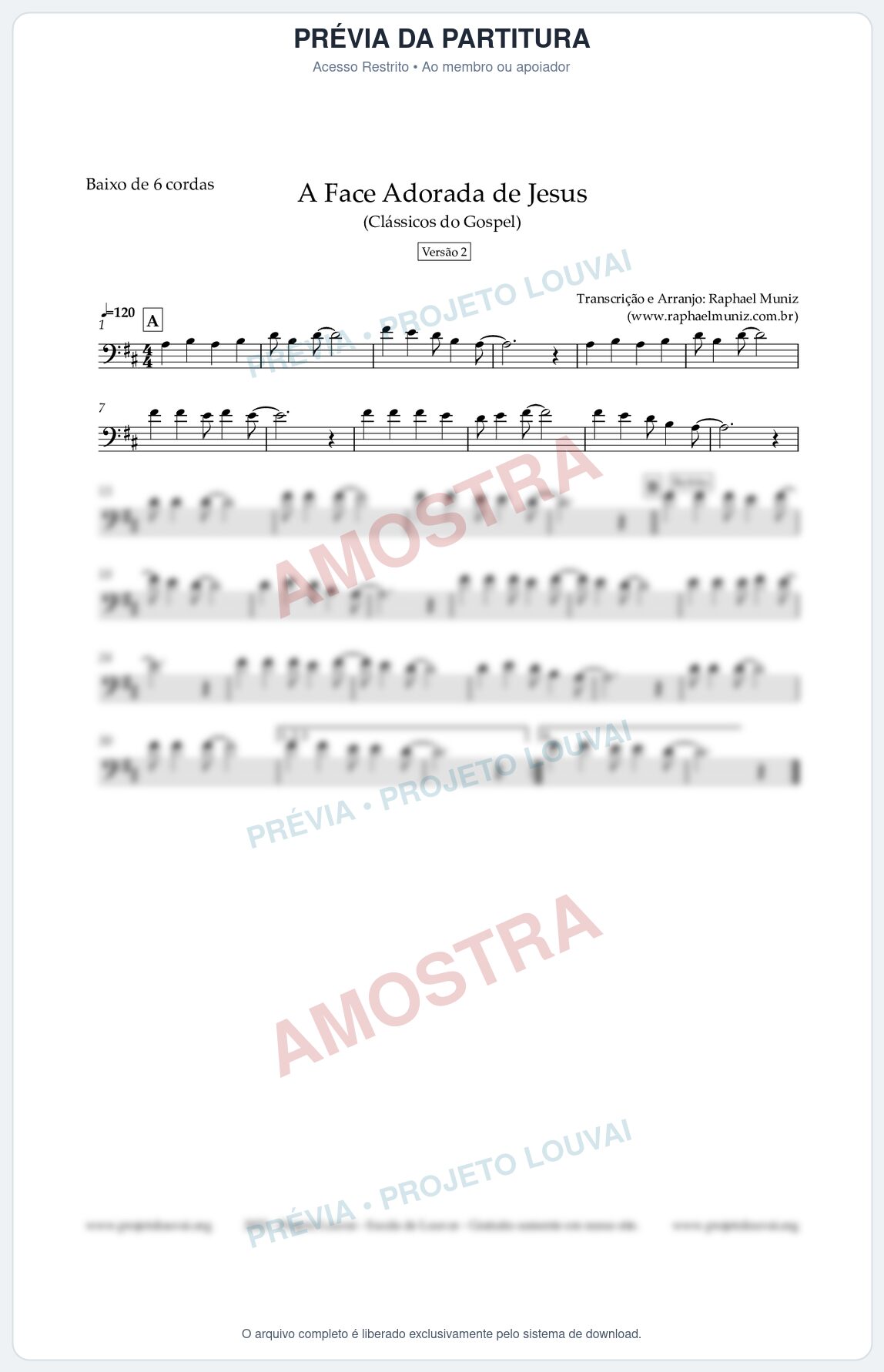 Prévia protegida da primeira página da partitura Partitura para Baixo de 6 cordas - A Face Adorada de Jesus - Harpa Cristã 304 (Versão 2) - Clássicos do Gospel