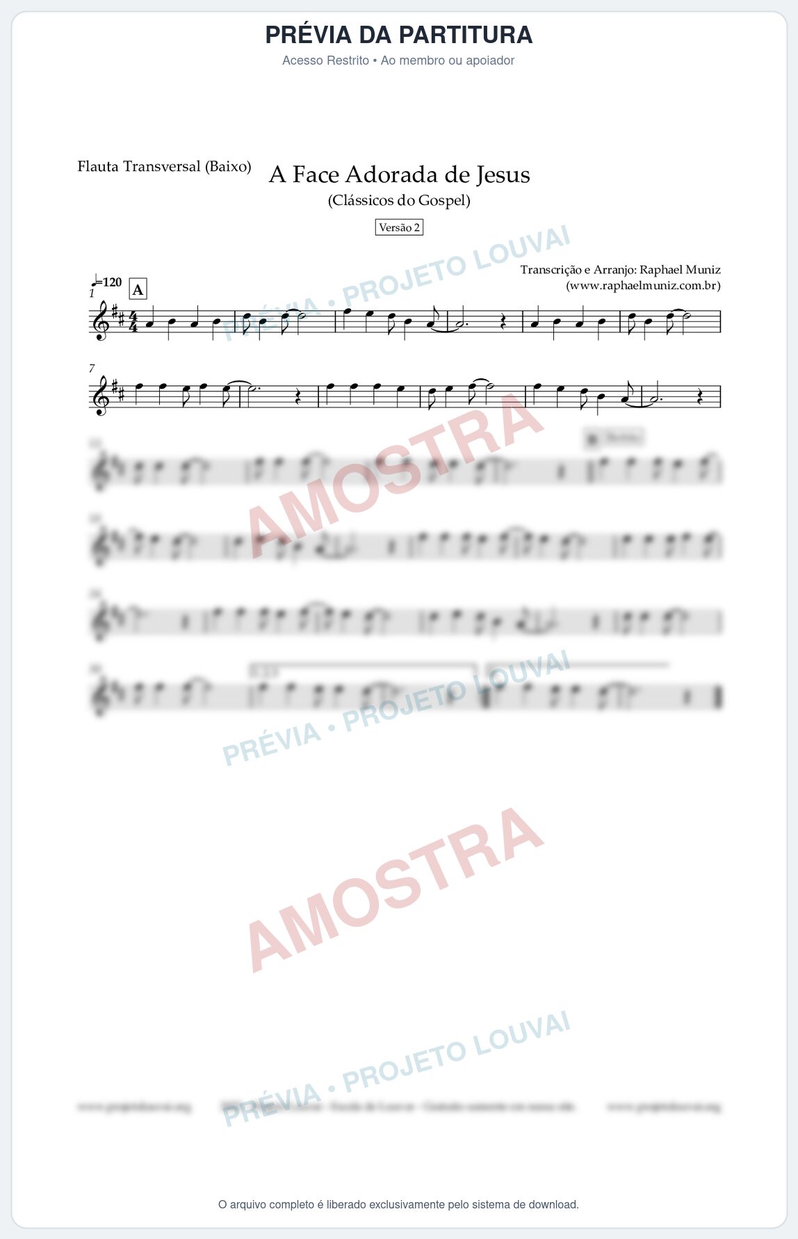 Prévia protegida da primeira página da partitura Partitura para Flauta Transversal (Baixo) - A Face Adorada de Jesus - Harpa Cristã 304 (Versão 2) - Clássicos do Gospel