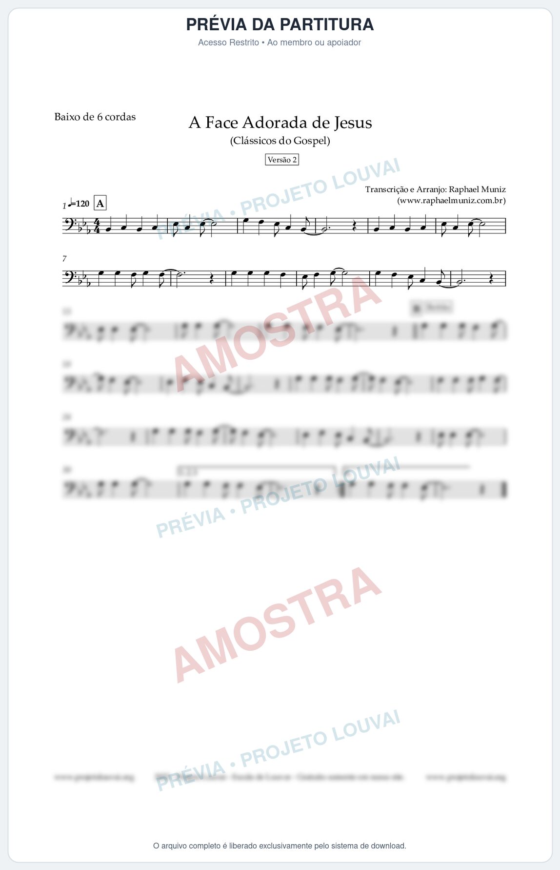 Prévia protegida da primeira página da partitura Partitura para Baixo de 6 cordas - A Face Adorada de Jesus - Harpa Cristã 304 (Versão 2) - Clássicos do Gospel