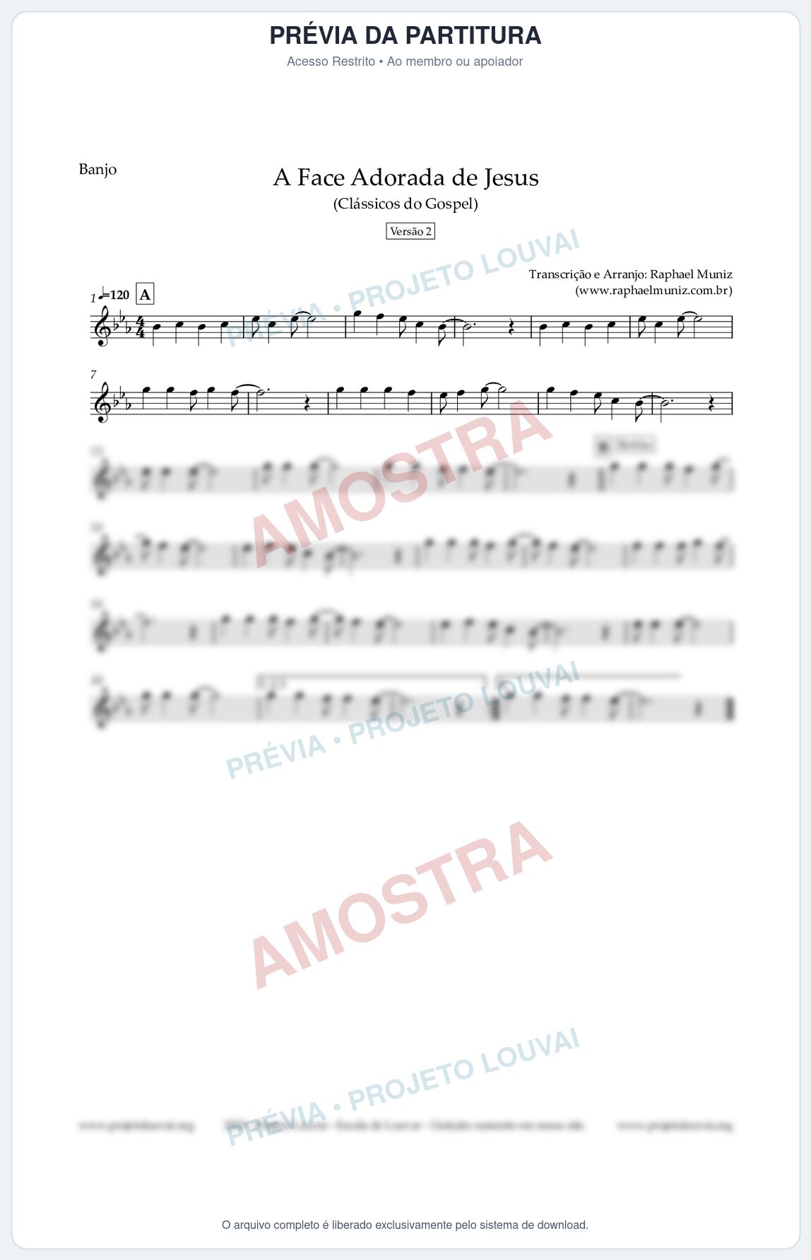 Prévia protegida da primeira página da partitura Partitura para Banjo - A Face Adorada de Jesus - Harpa Cristã 304 (Versão 2) - Clássicos do Gospel