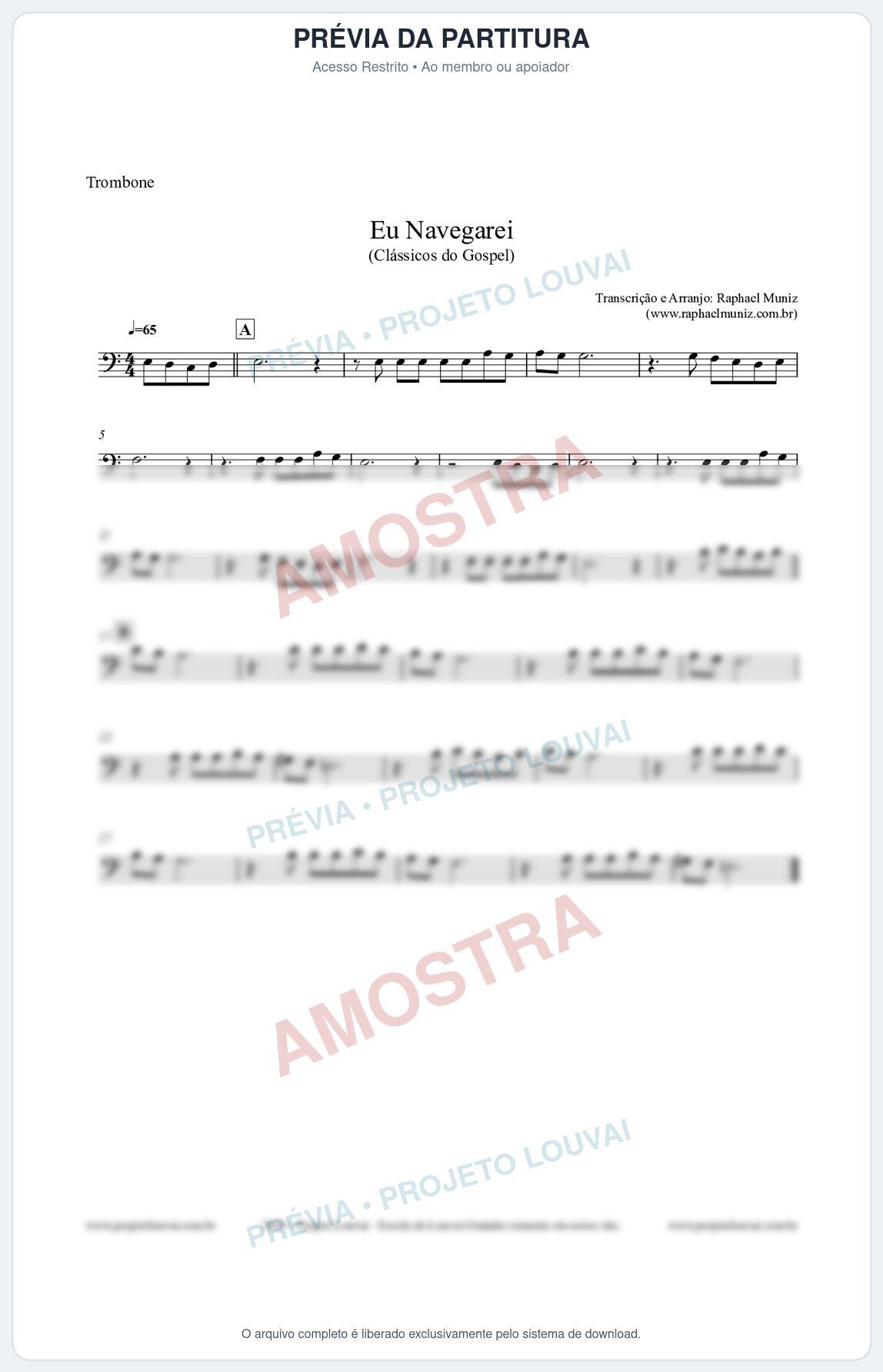Prévia protegida da primeira página da partitura Partitura para Trombone - Eu Navegarei - Clássicos do Gospel