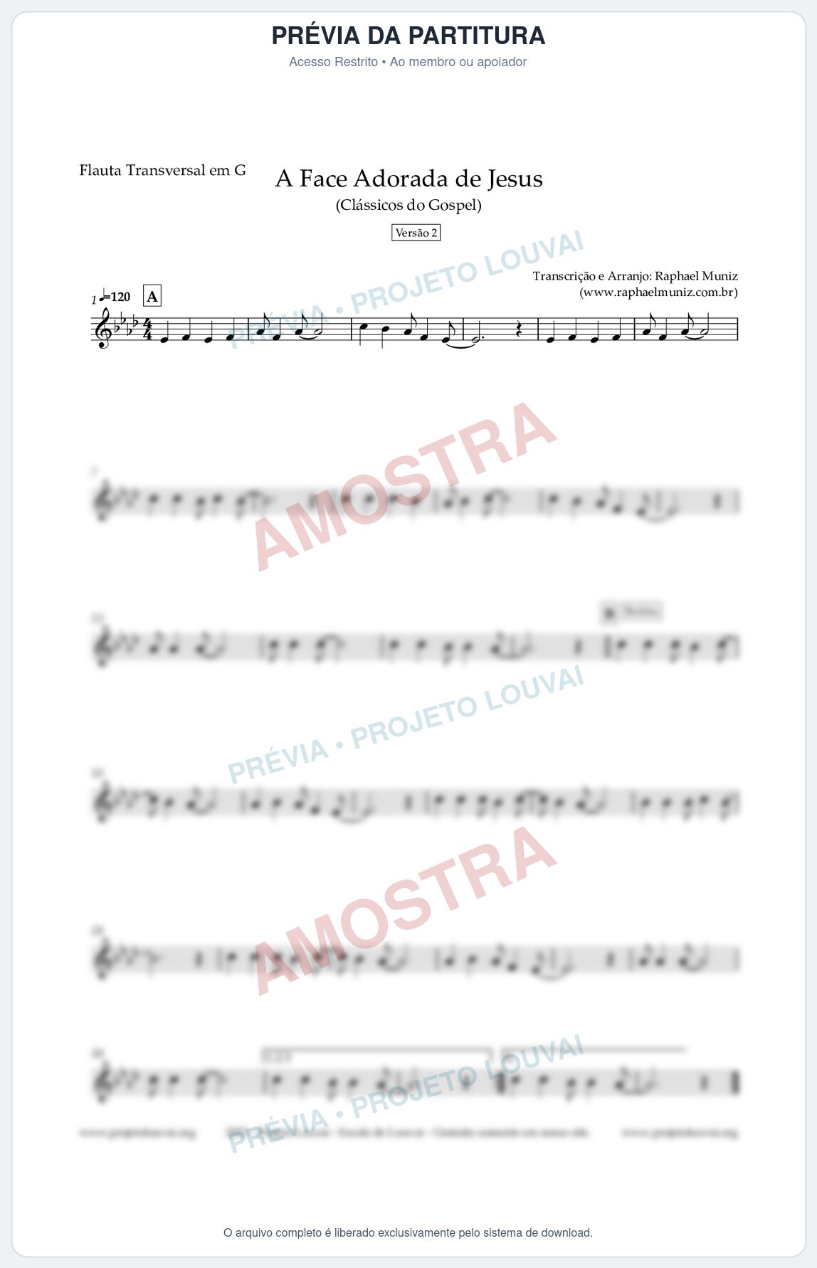 Prévia protegida da primeira página da partitura Partitura para Flauta Transversal em G - A Face Adorada de Jesus - Harpa Cristã 304 (Versão 2) - Clássicos do Gospel