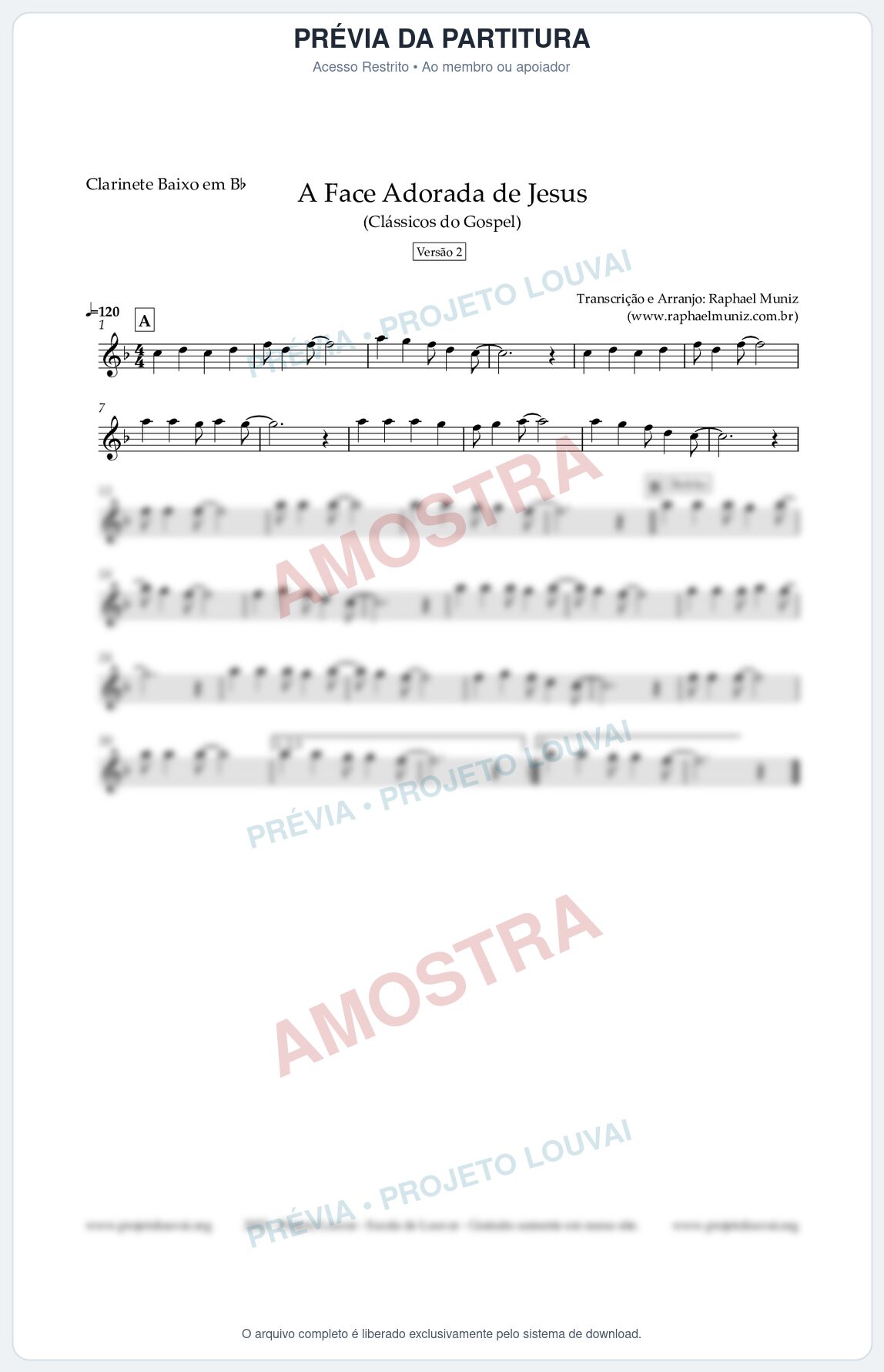 Prévia protegida da primeira página da partitura Partitura para Clarinete Baixo em Bb - A Face Adorada de Jesus - Harpa Cristã 304 (Versão 2) - Clássicos do Gospel