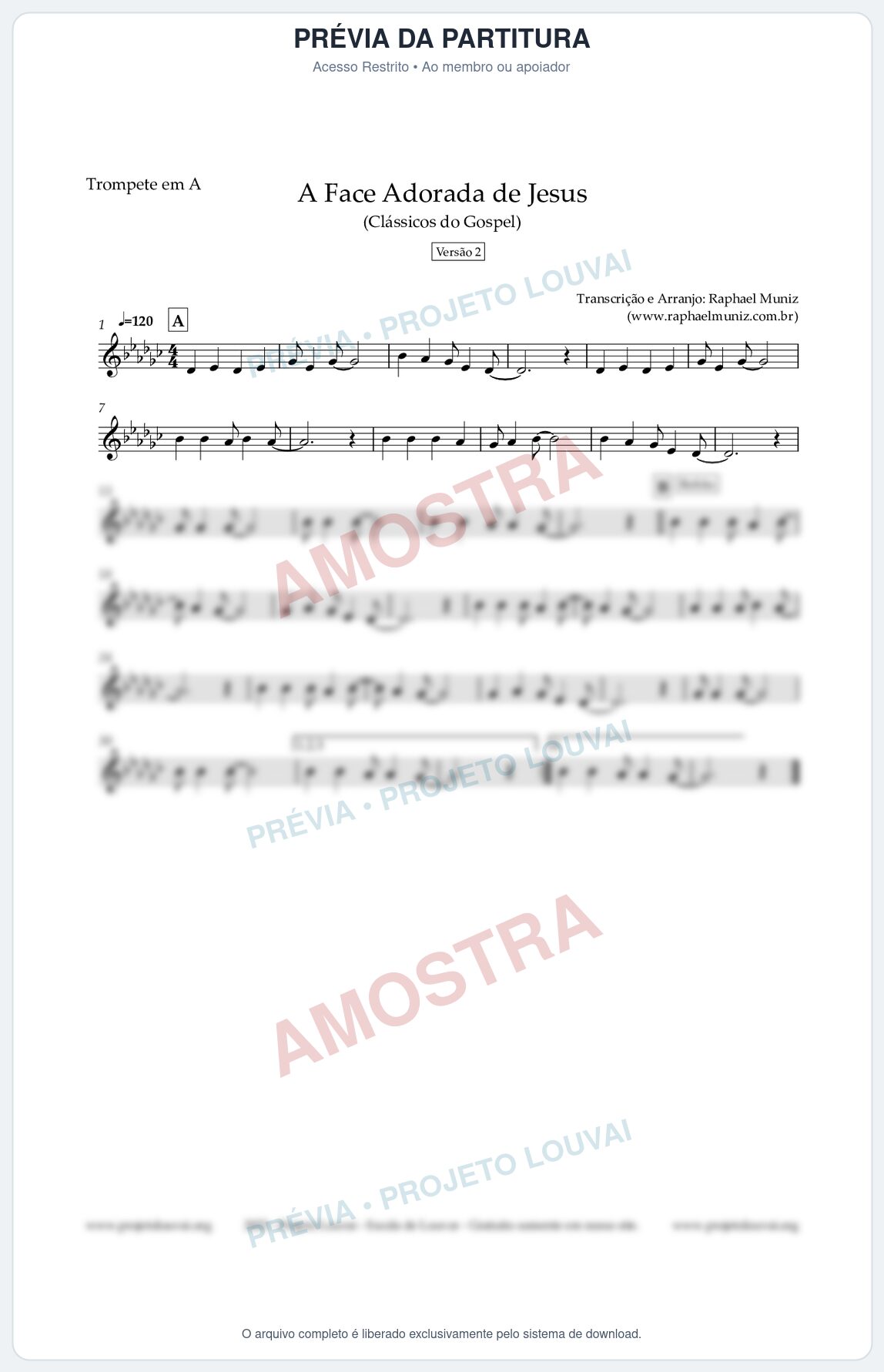 Prévia protegida da primeira página da partitura Partitura para Trompete em A - A Face Adorada de Jesus - Harpa Cristã 304 (Versão 2) - Clássicos do Gospel