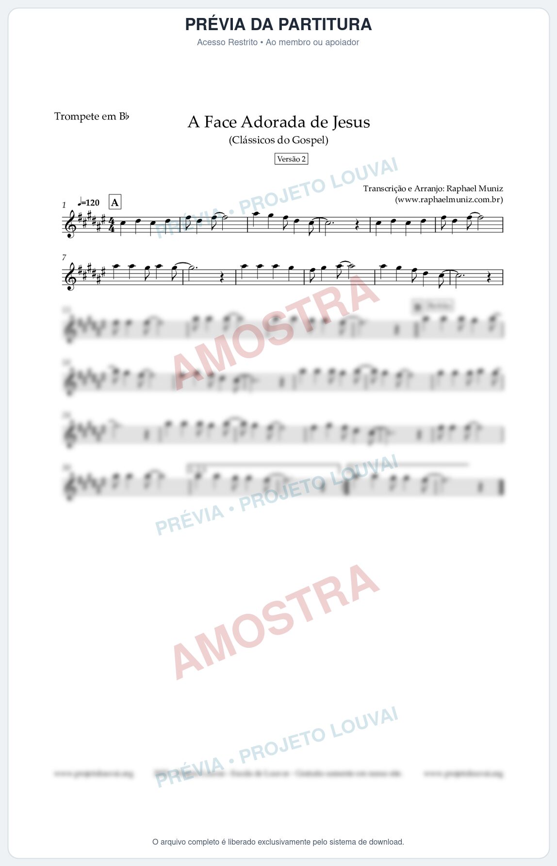 Prévia protegida da primeira página da partitura Partitura para Trompete em Bb - A Face Adorada de Jesus - Harpa Cristã 304 (Versão 2) - Clássicos do Gospel