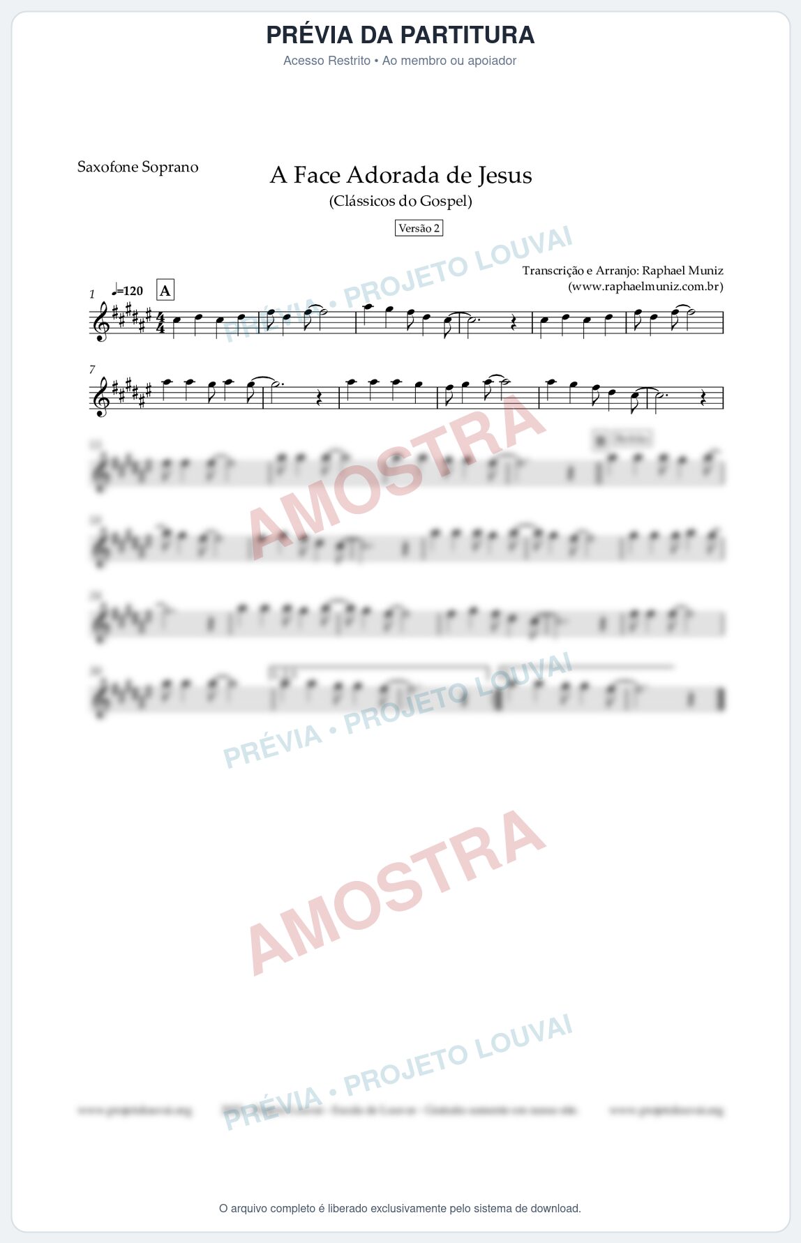 Prévia protegida da primeira página da partitura Partitura para Saxofone Soprano - A Face Adorada de Jesus - Harpa Cristã 304 (Versão 2) - Clássicos do Gospel
