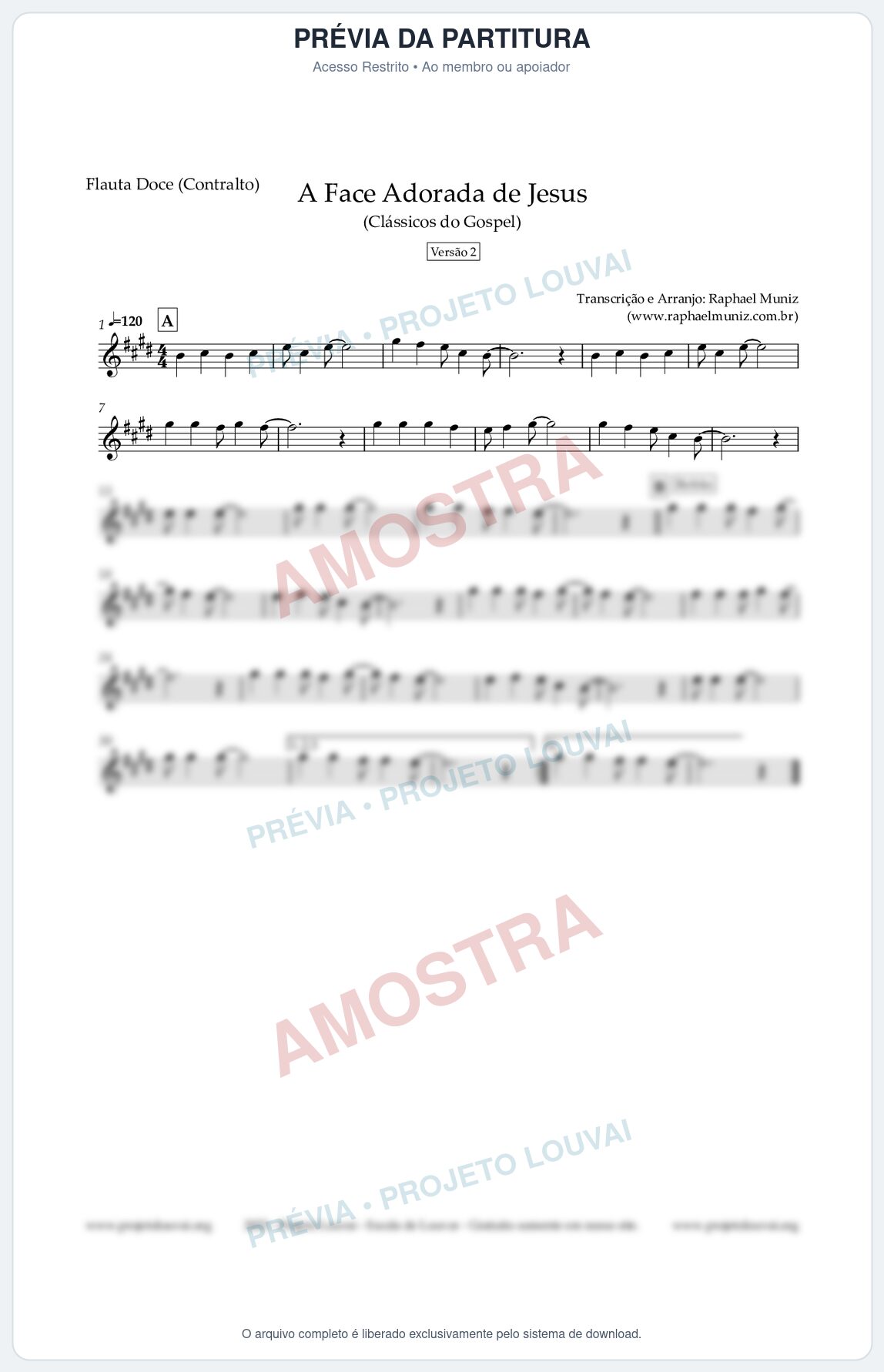 Prévia protegida da primeira página da partitura Partitura para Flauta Doce (Contralto) - A Face Adorada de Jesus - Harpa Cristã 304 (Versão 2) - Clássicos do Gospel