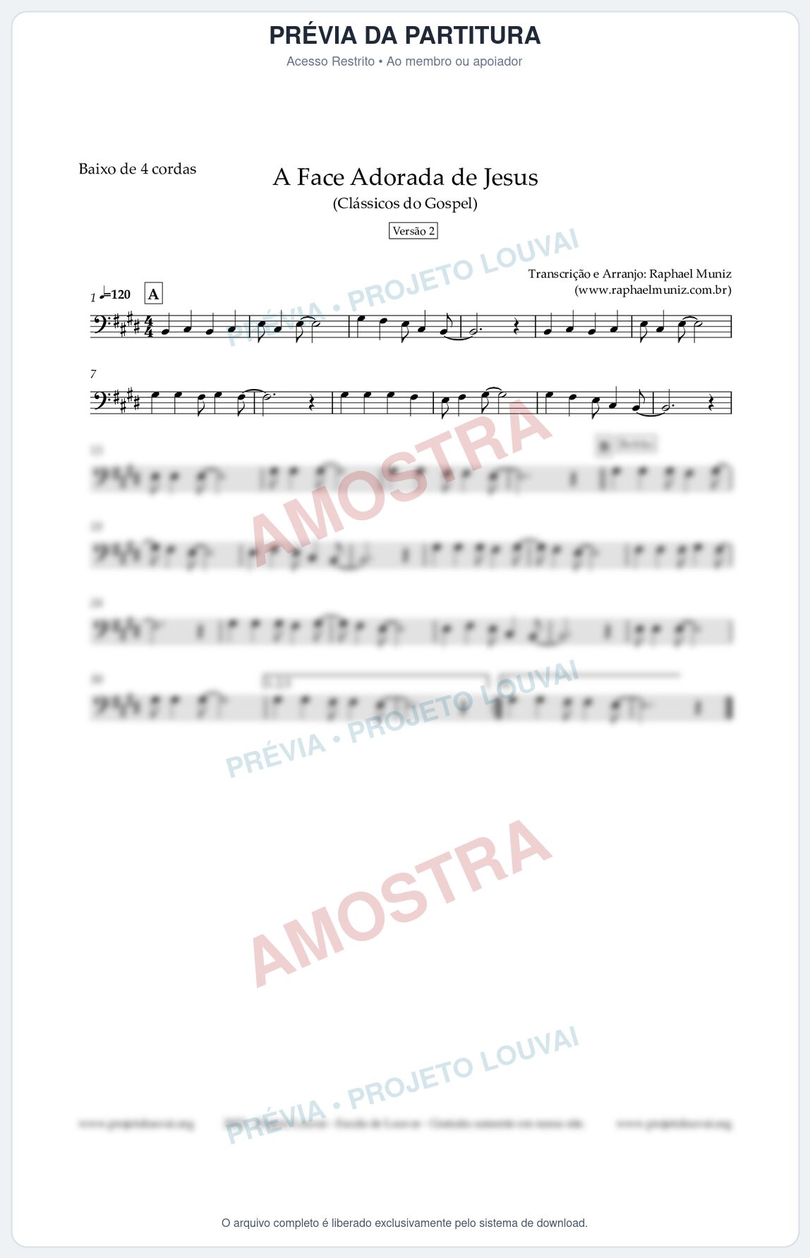 Prévia protegida da primeira página da partitura Partitura para Baixo de 4 cordas - A Face Adorada de Jesus - Harpa Cristã 304 (Versão 2) - Clássicos do Gospel