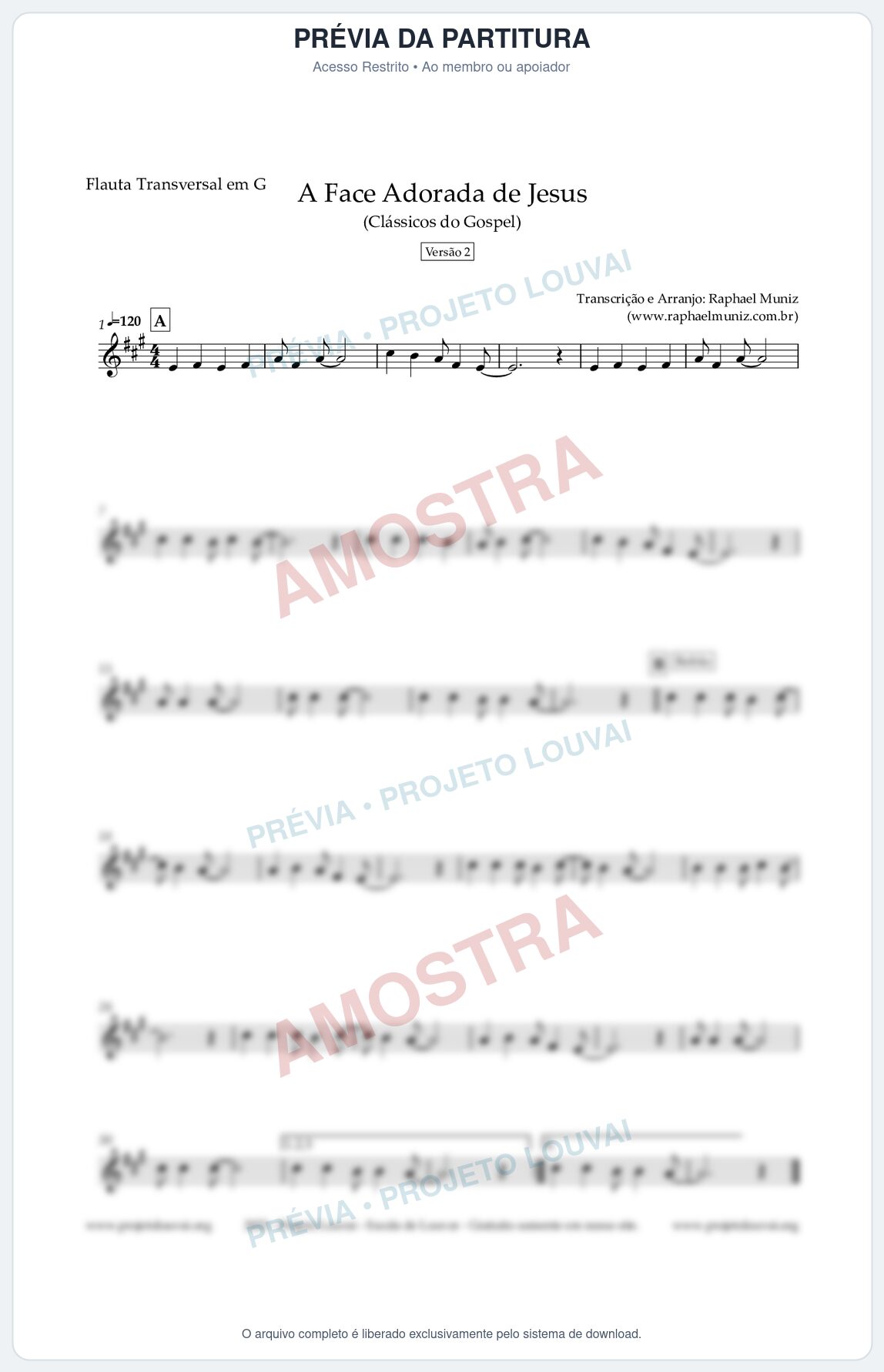 Prévia protegida da primeira página da partitura Partitura para Flauta Transversal em G - A Face Adorada de Jesus - Harpa Cristã 304 (Versão 2) - Clássicos do Gospel