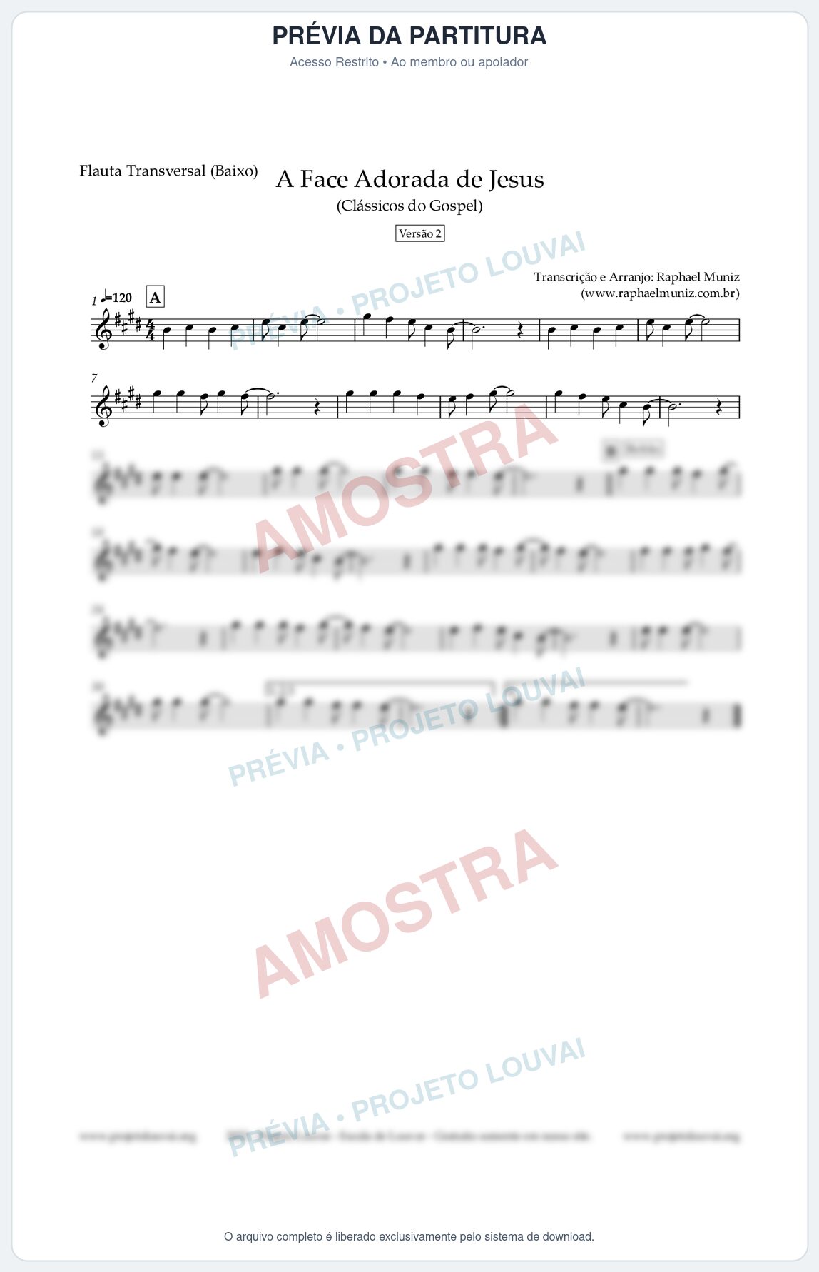 Prévia protegida da primeira página da partitura Partitura para Flauta Transversal (Baixo) - A Face Adorada de Jesus - Harpa Cristã 304 (Versão 2) - Clássicos do Gospel