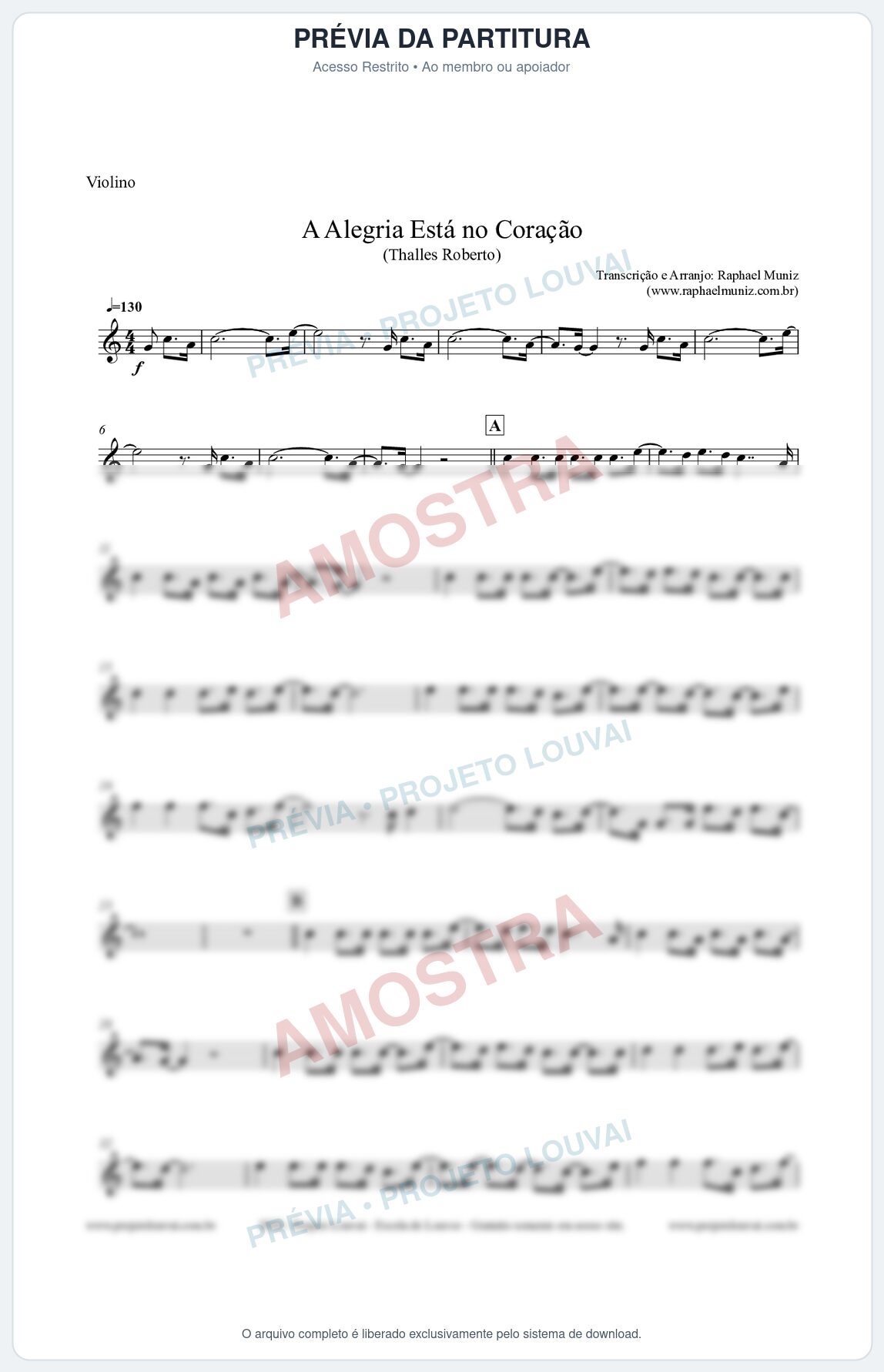 Prévia protegida da primeira página da partitura Partitura para Violino - A Alegria Está no Coração - Thalles Roberto