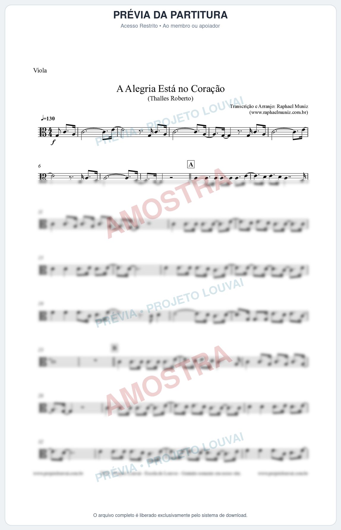 Prévia protegida da primeira página da partitura Partitura para Viola - A Alegria Está no Coração - Thalles Roberto
