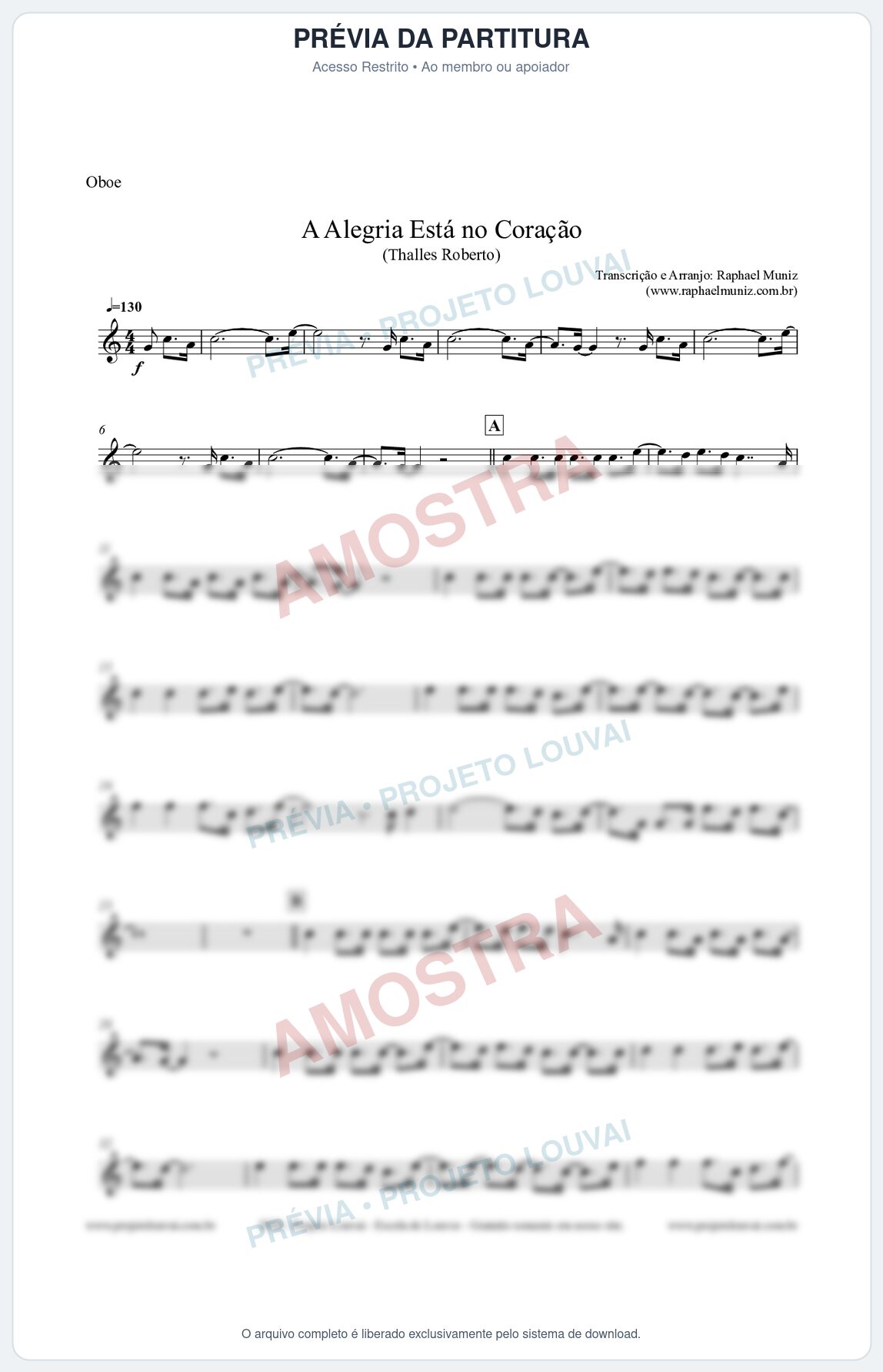 Prévia protegida da primeira página da partitura Partitura para Oboé - A Alegria Está no Coração - Thalles Roberto