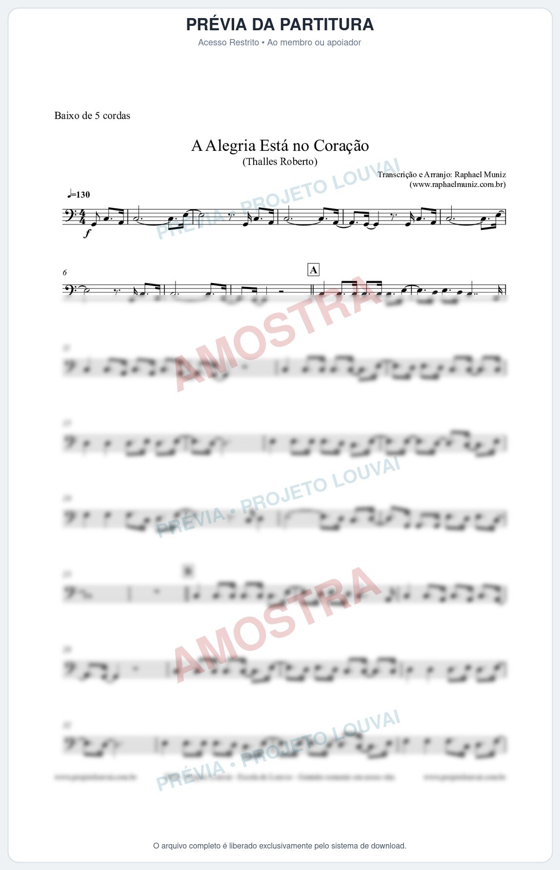 Prévia protegida da primeira página da partitura Partitura para Baixo de 5 cordas - A Alegria Está no Coração - Thalles Roberto