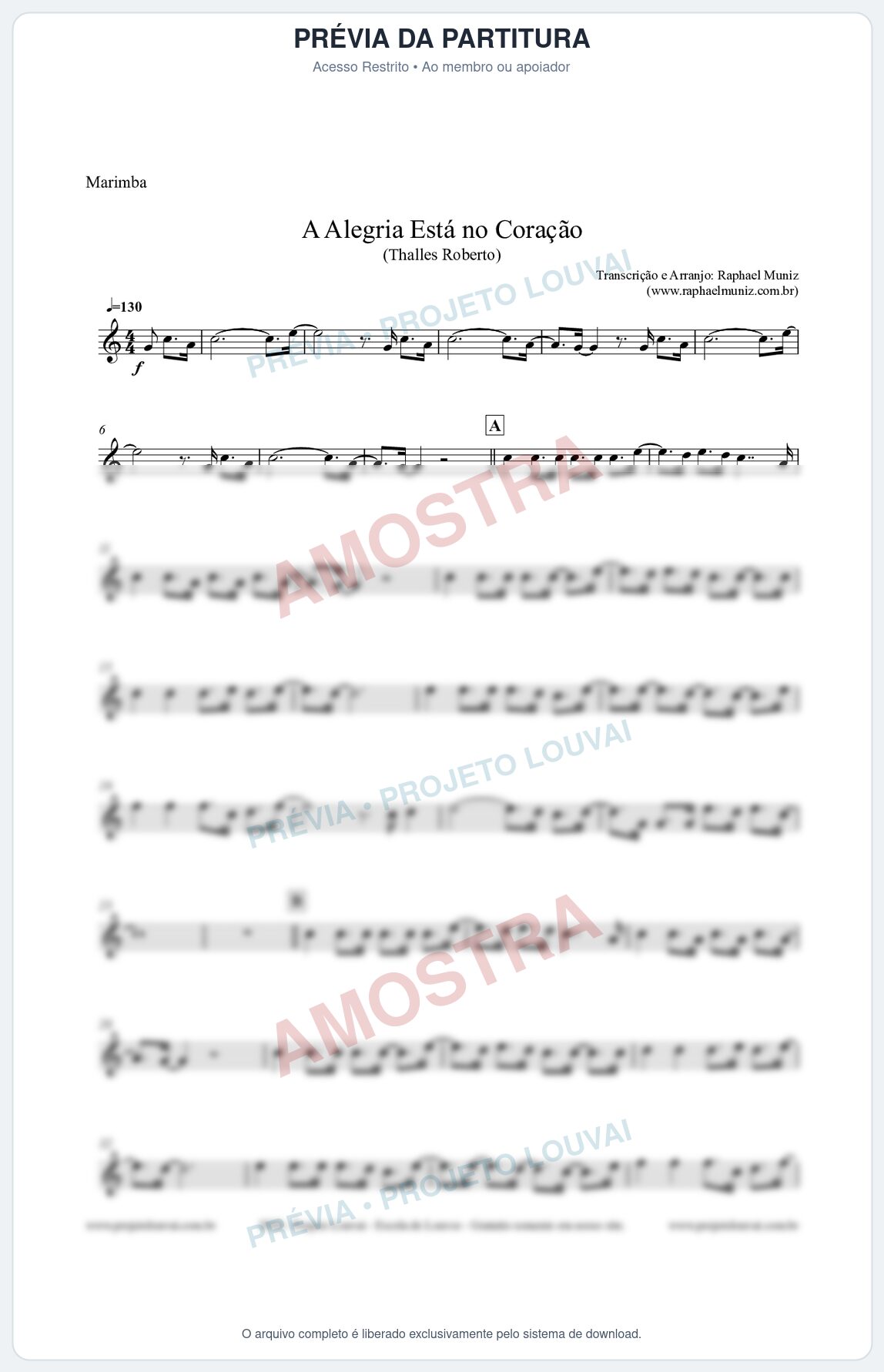 Prévia protegida da primeira página da partitura Partitura para Marimba - A Alegria Está no Coração - Thalles Roberto