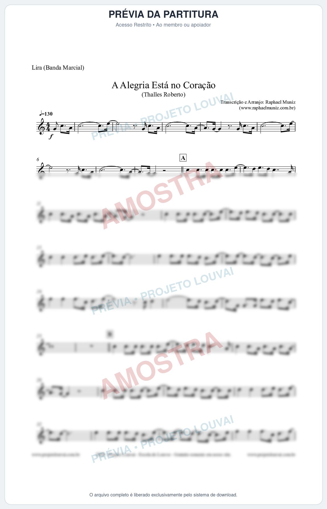 Prévia protegida da primeira página da partitura Partitura para Lira (Banda Marcial) - A Alegria Está no Coração - Thalles Roberto
