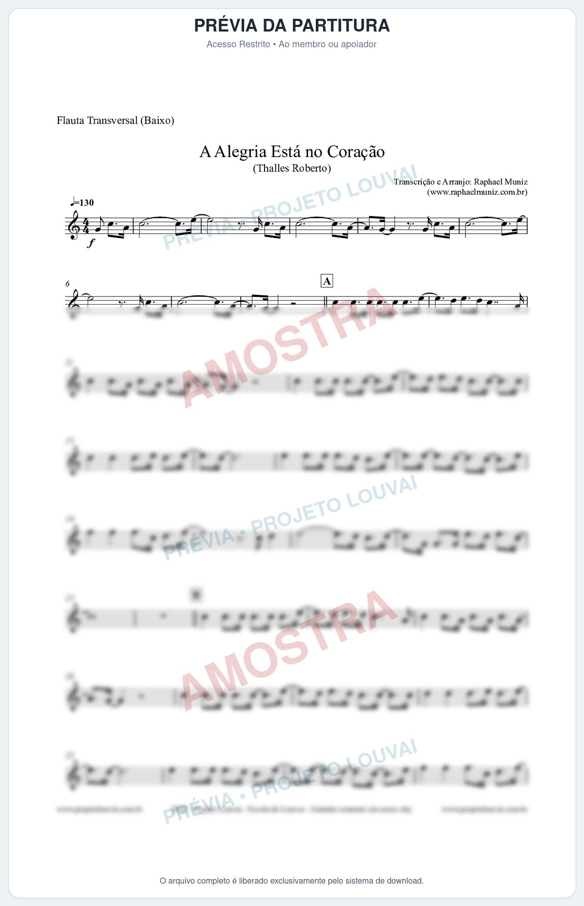 Prévia protegida da primeira página da partitura Partitura para Flauta Transversal (Baixo) - A Alegria Está no Coração - Thalles Roberto