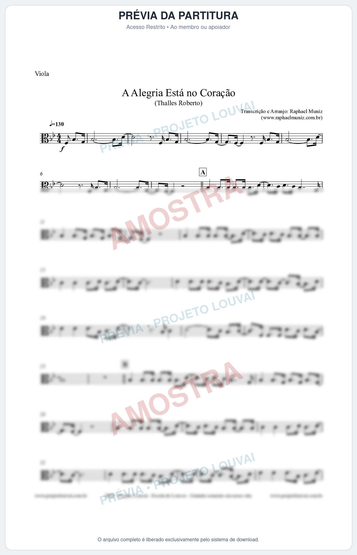 Prévia protegida da primeira página da partitura Partitura para Viola - A Alegria Está no Coração - Thalles Roberto