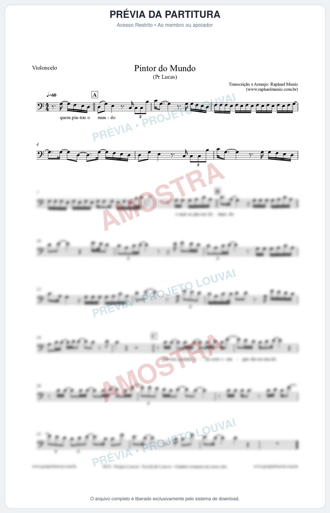 Prévia protegida da primeira página da partitura Partitura para Violoncelo - Pintor do Mundo - Pr. Lucas