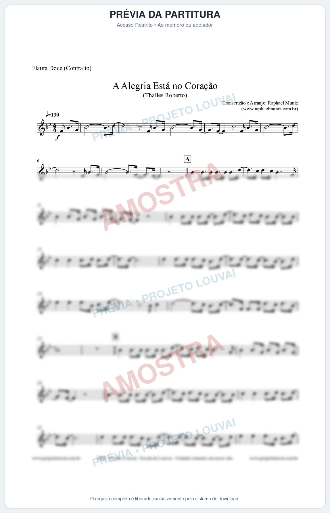 Prévia protegida da primeira página da partitura Partitura para Flauta Doce (Contralto) - A Alegria Está no Coração - Thalles Roberto