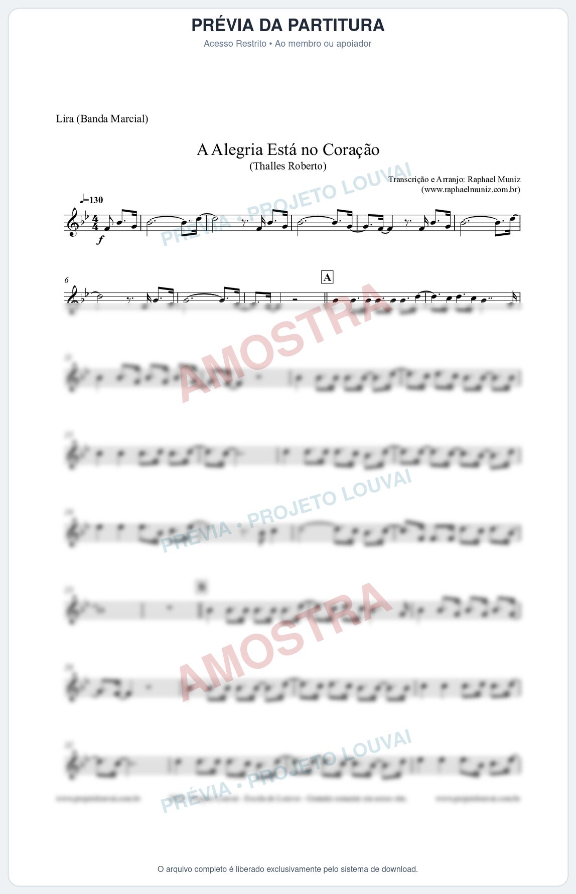 Prévia protegida da primeira página da partitura Partitura para Lira (Banda Marcial) - A Alegria Está no Coração - Thalles Roberto
