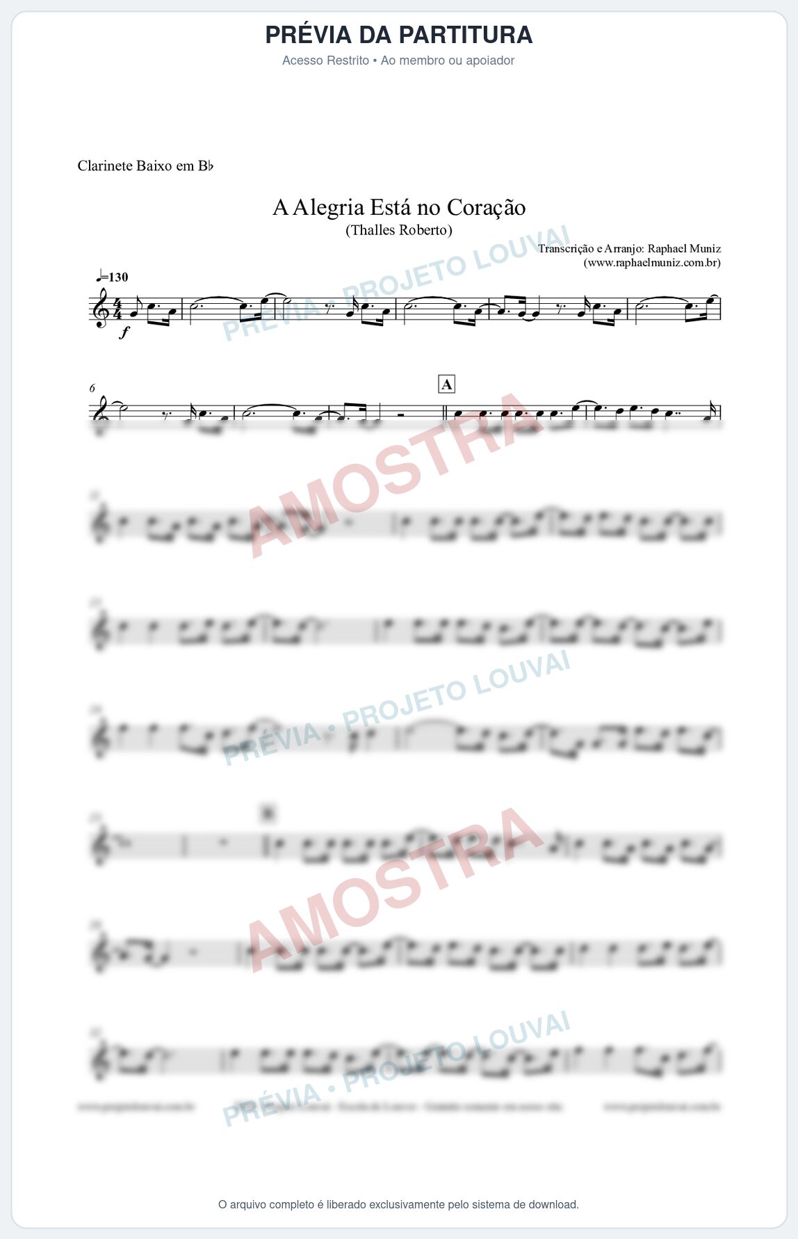 Prévia protegida da primeira página da partitura Partitura para Clarinete Baixo em Bb - A Alegria Está no Coração - Thalles Roberto
