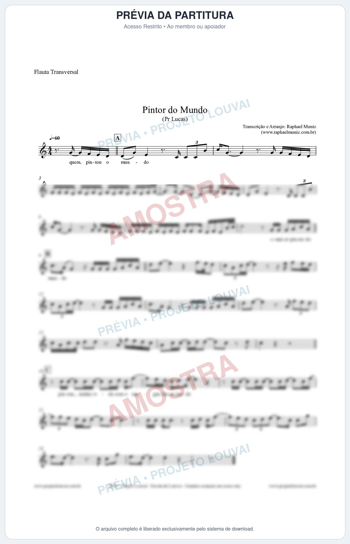 Prévia protegida da primeira página da partitura Partitura para Flauta Transversal - Pintor do Mundo - Pr. Lucas