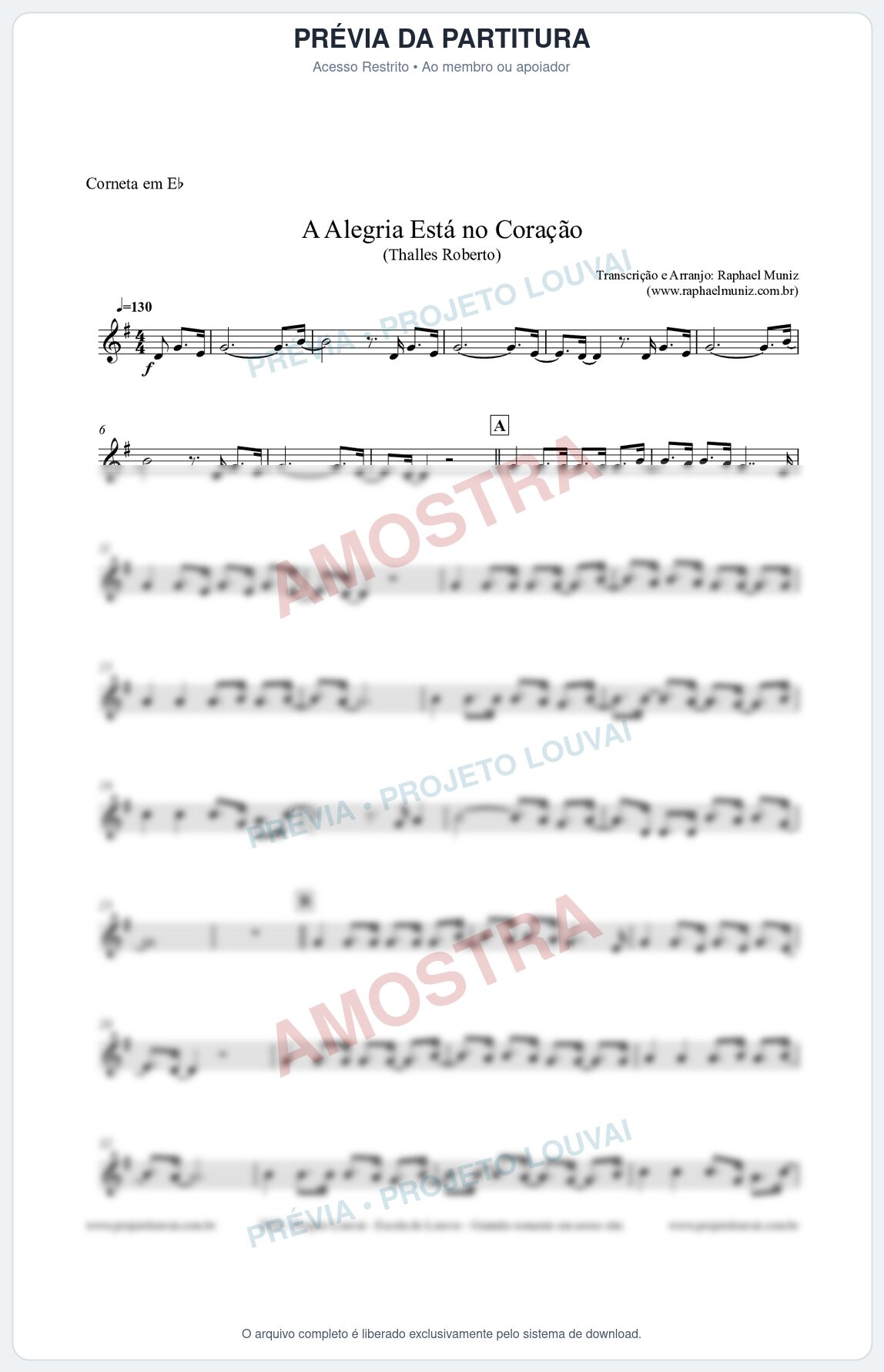 Prévia protegida da primeira página da partitura Partitura para Corneta em Eb - A Alegria Está no Coração - Thalles Roberto