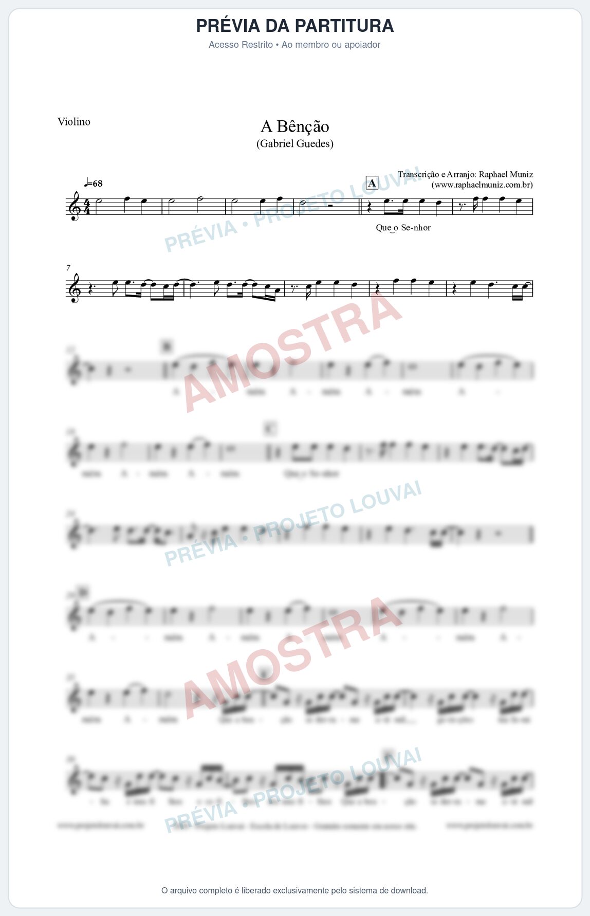 Prévia protegida da primeira página da partitura Partitura para Violino - A Bênção - Gabriel Guedes