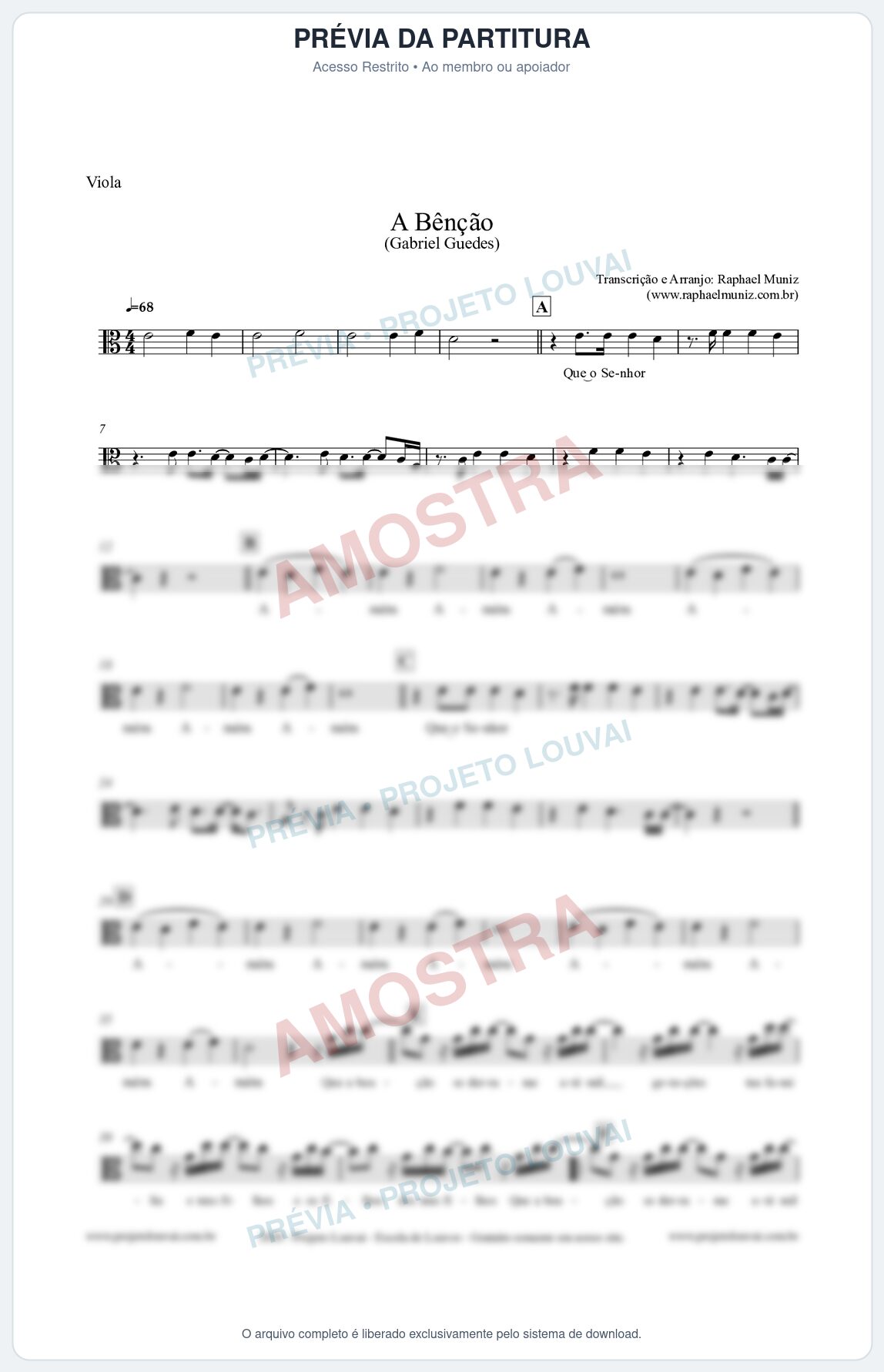 Prévia protegida da primeira página da partitura Partitura para Viola - A Bênção - Gabriel Guedes