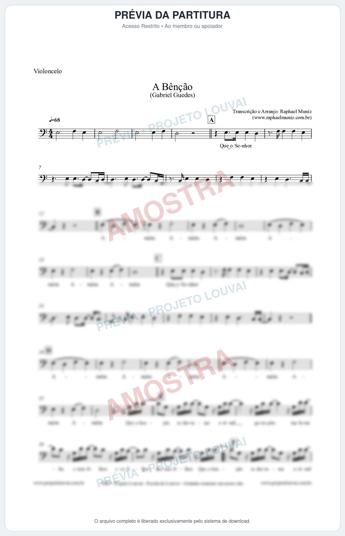 Prévia protegida da primeira página da partitura Partitura para Violoncelo - A Bênção - Gabriel Guedes