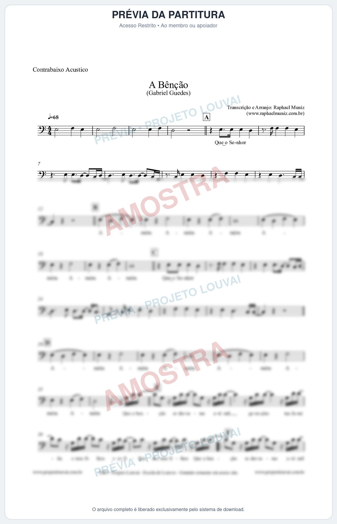 Prévia protegida da primeira página da partitura Partitura para Contrabaixo Acústico - A Bênção - Gabriel Guedes