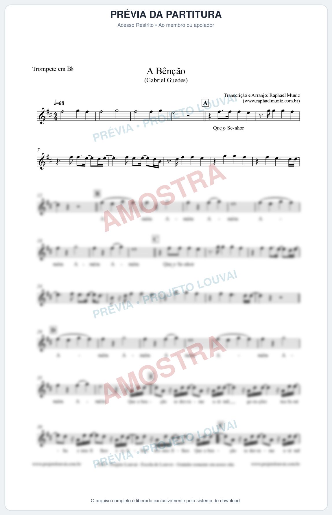 Prévia protegida da primeira página da partitura Partitura para Trompete em Bb - A Bênção - Gabriel Guedes