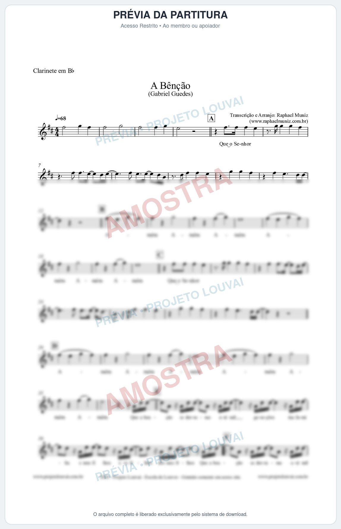 Prévia protegida da primeira página da partitura Partitura para Clarinete em Bb - A Bênção - Gabriel Guedes