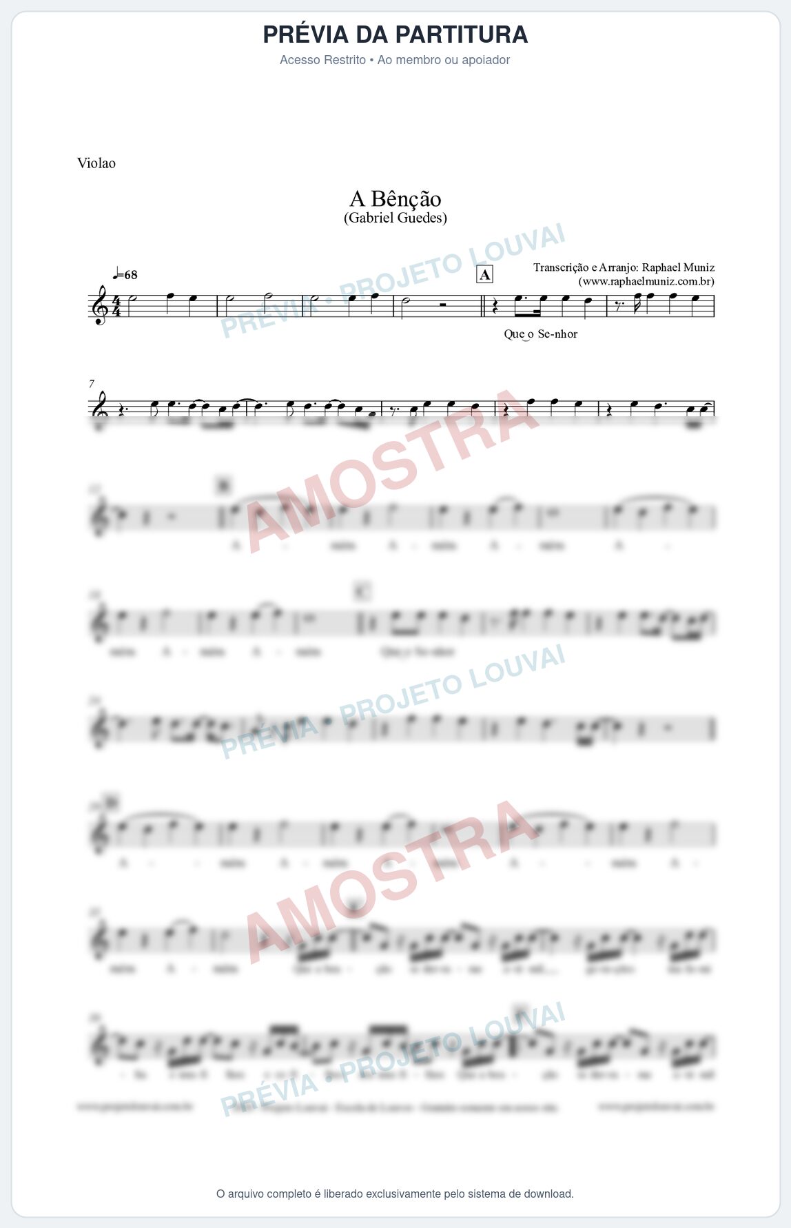 Prévia protegida da primeira página da partitura Partitura para Violão - A Bênção - Gabriel Guedes
