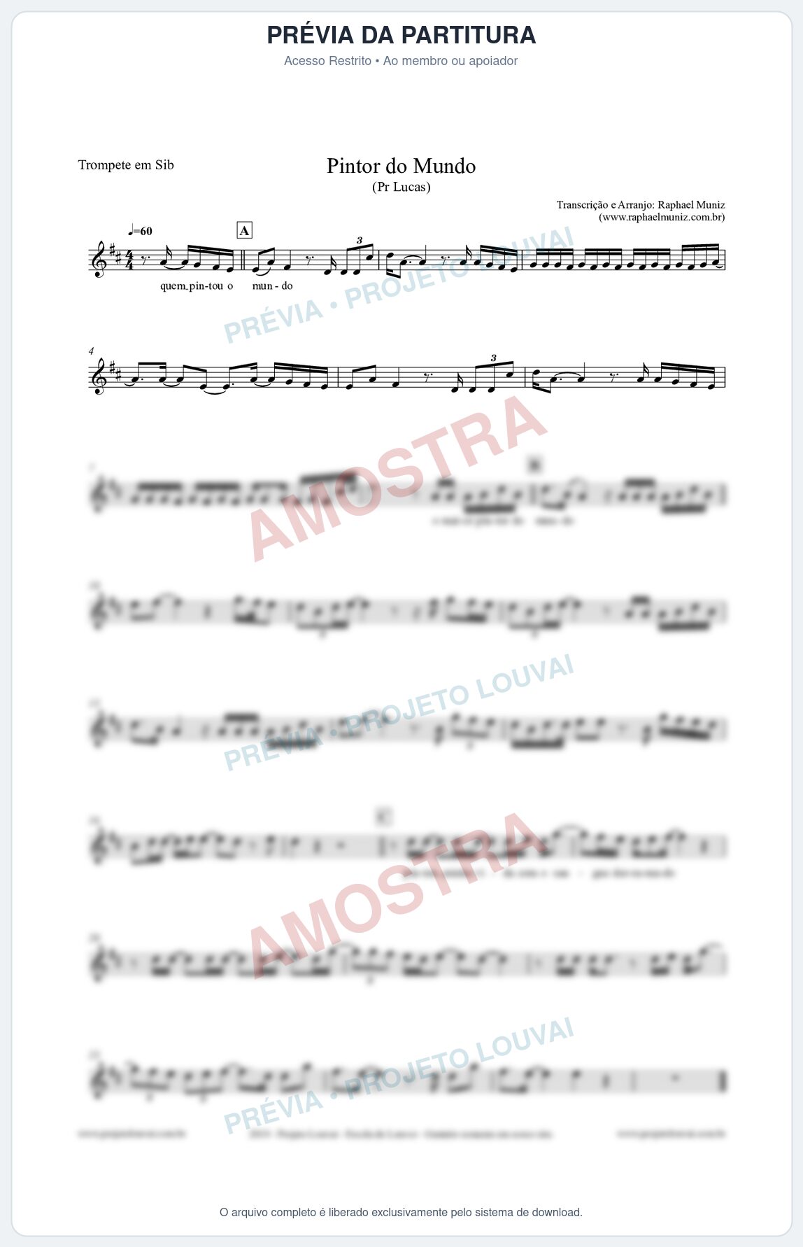 Prévia protegida da primeira página da partitura Partitura para Trompete em Bb - Pintor do Mundo - Pr. Lucas