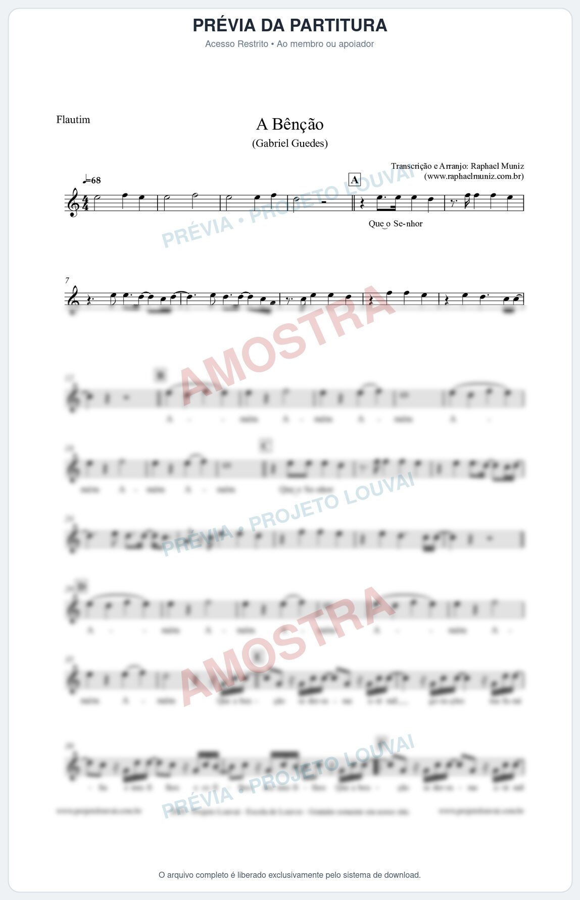 Prévia protegida da primeira página da partitura Partitura para Flautim - A Bênção - Gabriel Guedes