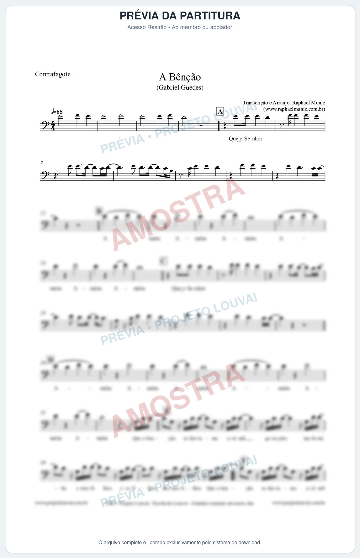 Prévia protegida da primeira página da partitura Partitura para Contrafagote - A Bênção - Gabriel Guedes