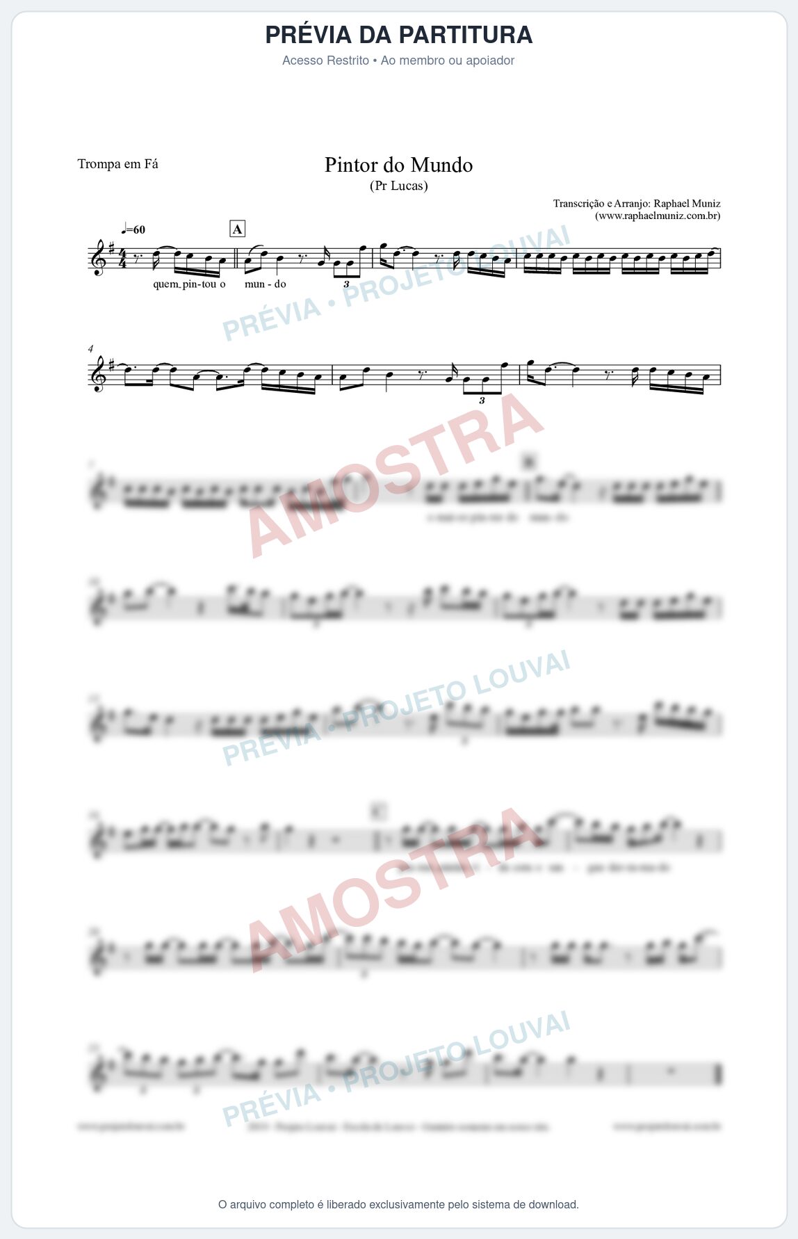 Prévia protegida da primeira página da partitura Partitura para Trompa em Fá - Pintor do Mundo - Pr. Lucas