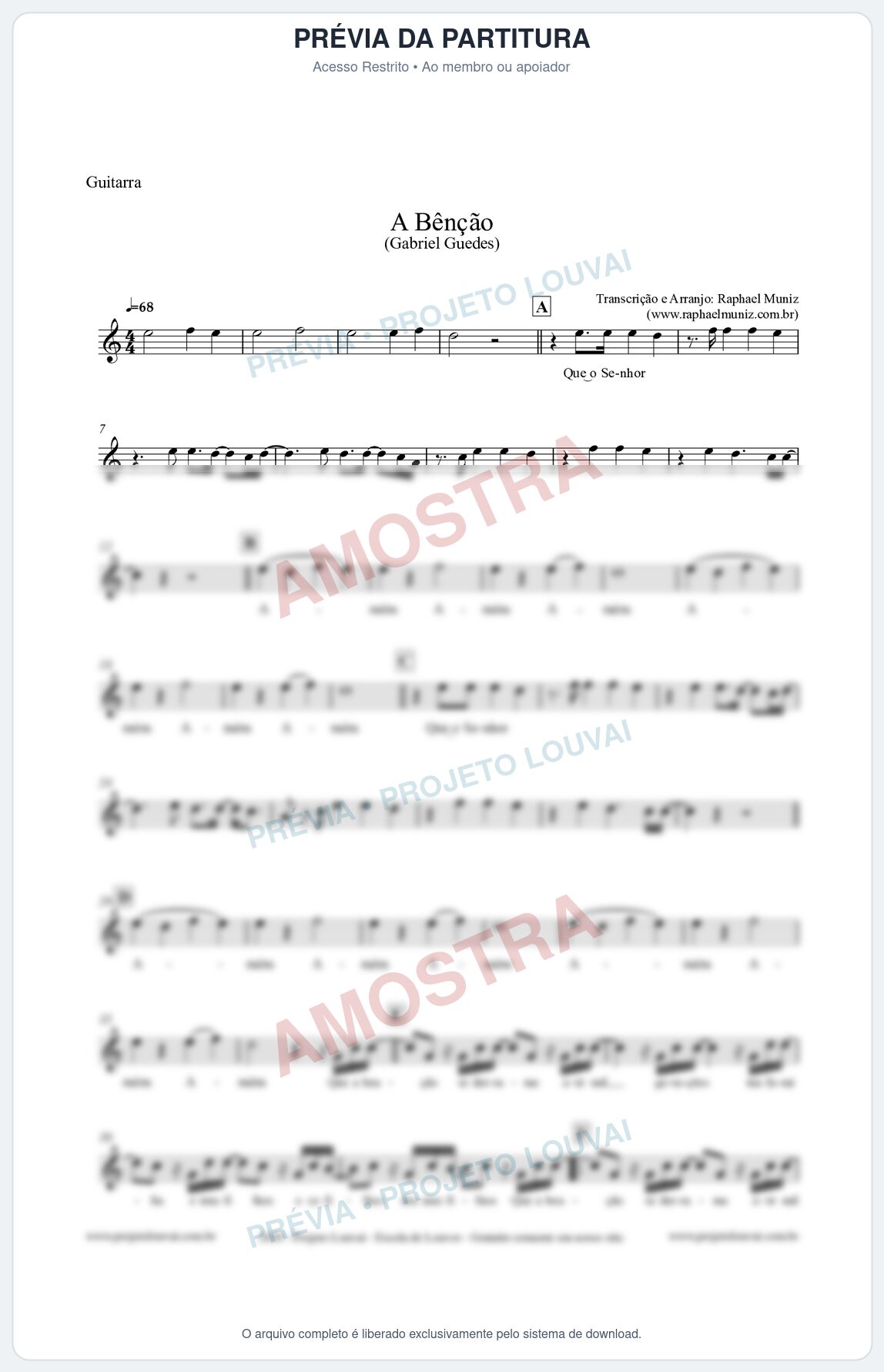 Prévia protegida da primeira página da partitura Partitura para Guitarra - A Bênção - Gabriel Guedes