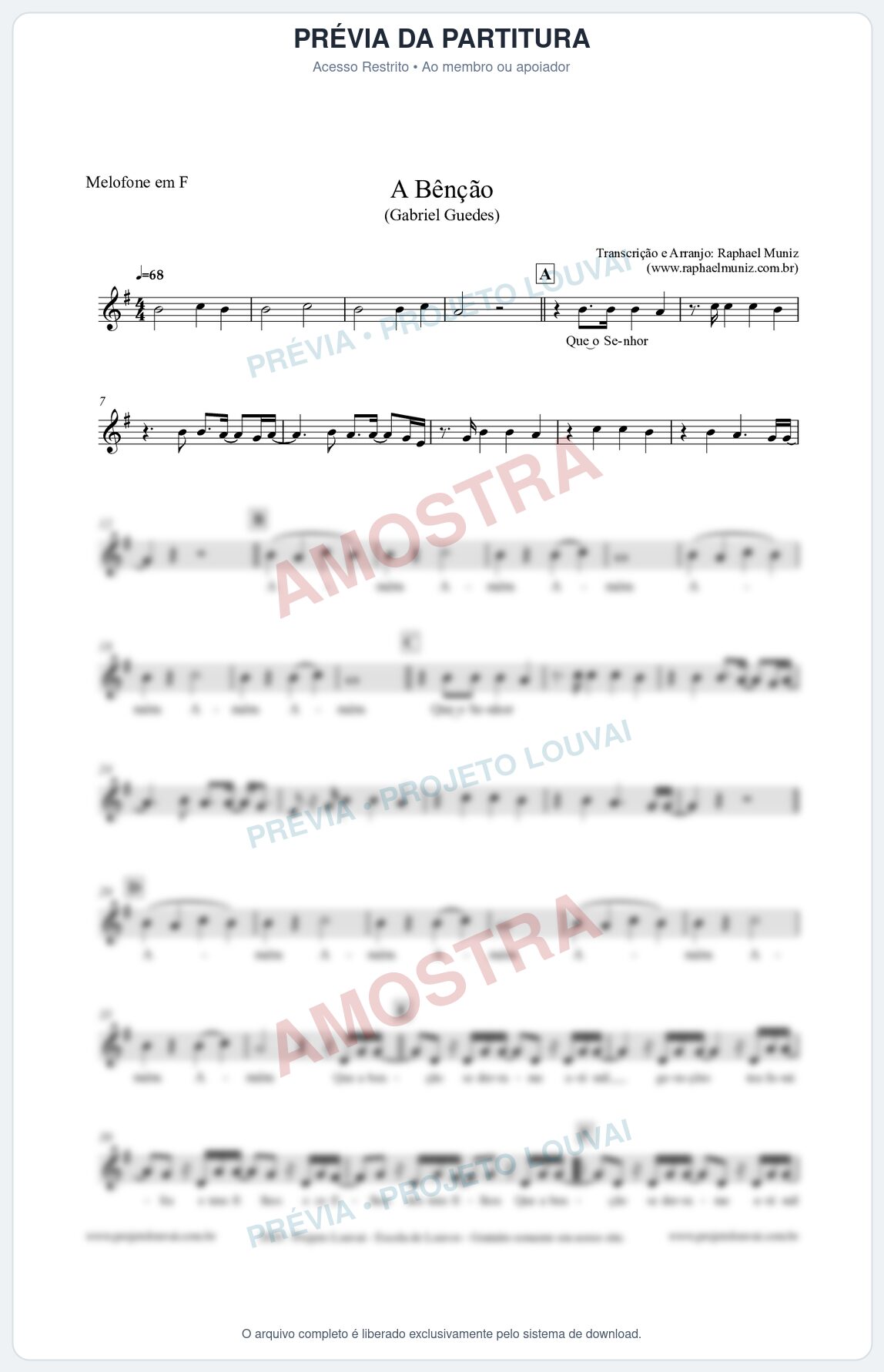 Prévia protegida da primeira página da partitura Partitura para Melofone em F - A Bênção - Gabriel Guedes