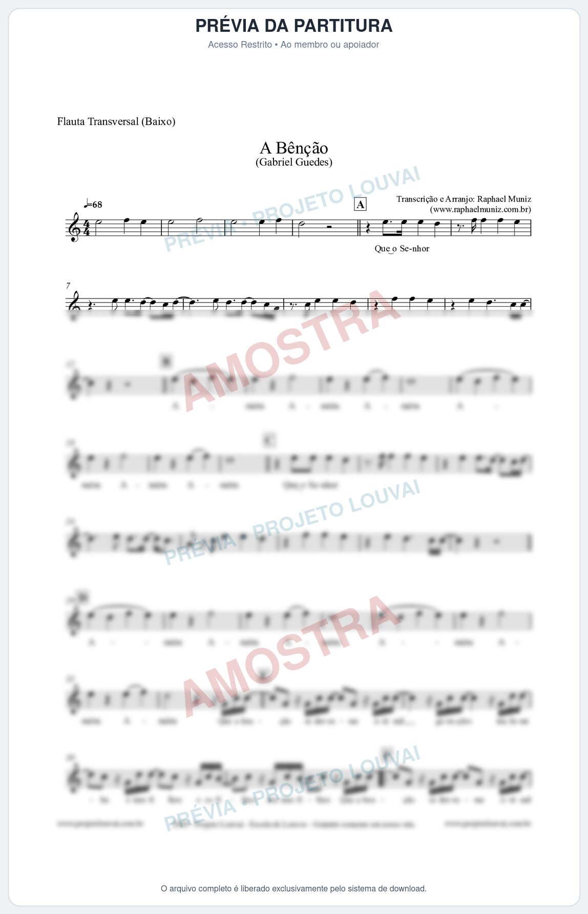 Prévia protegida da primeira página da partitura Partitura para Flauta Transversal (Baixo) - A Bênção - Gabriel Guedes